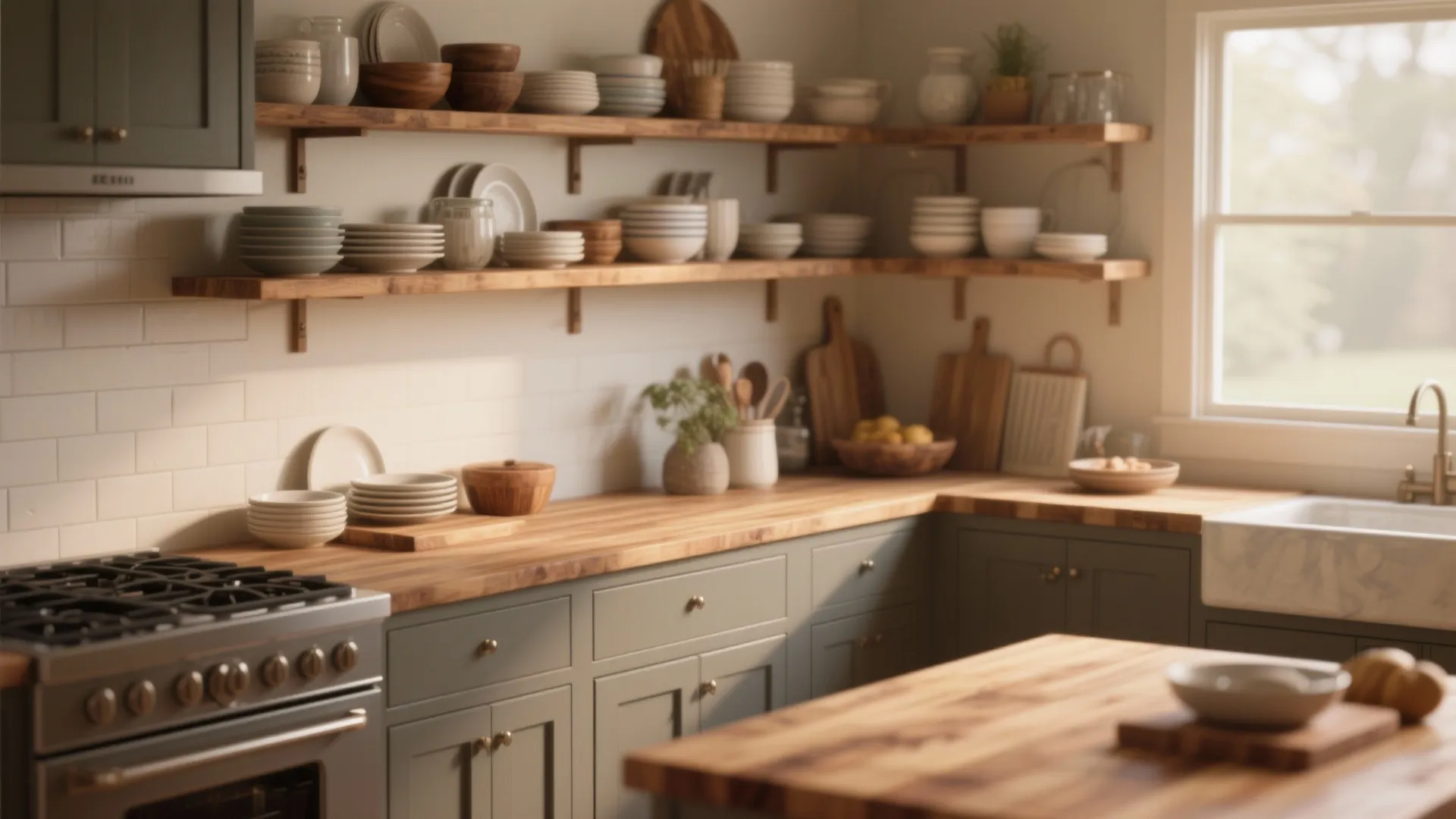 Idea 4: Open shelving above butcher block counters