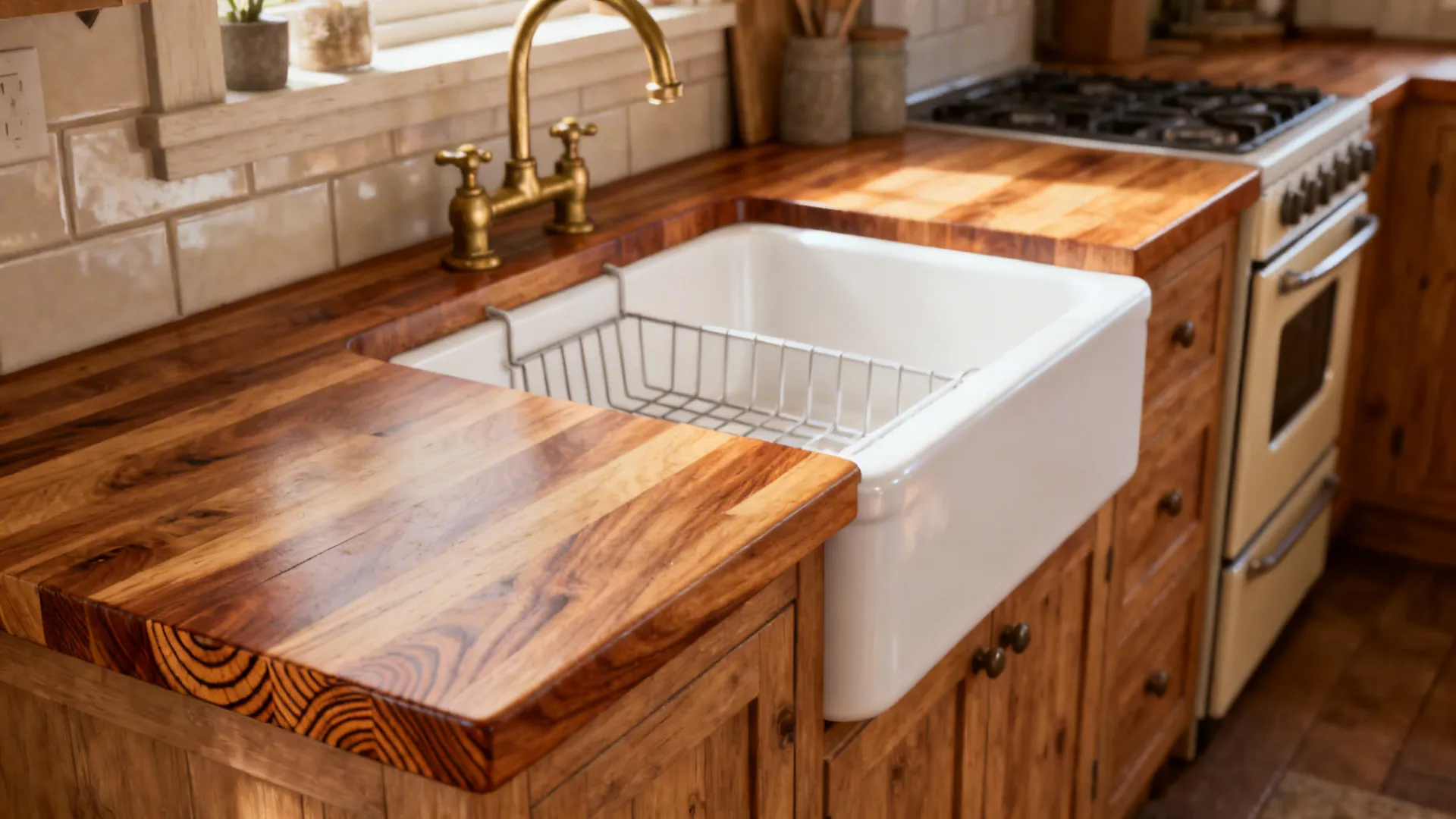 2) Butcher Block Countertops + Apron-Front Sink