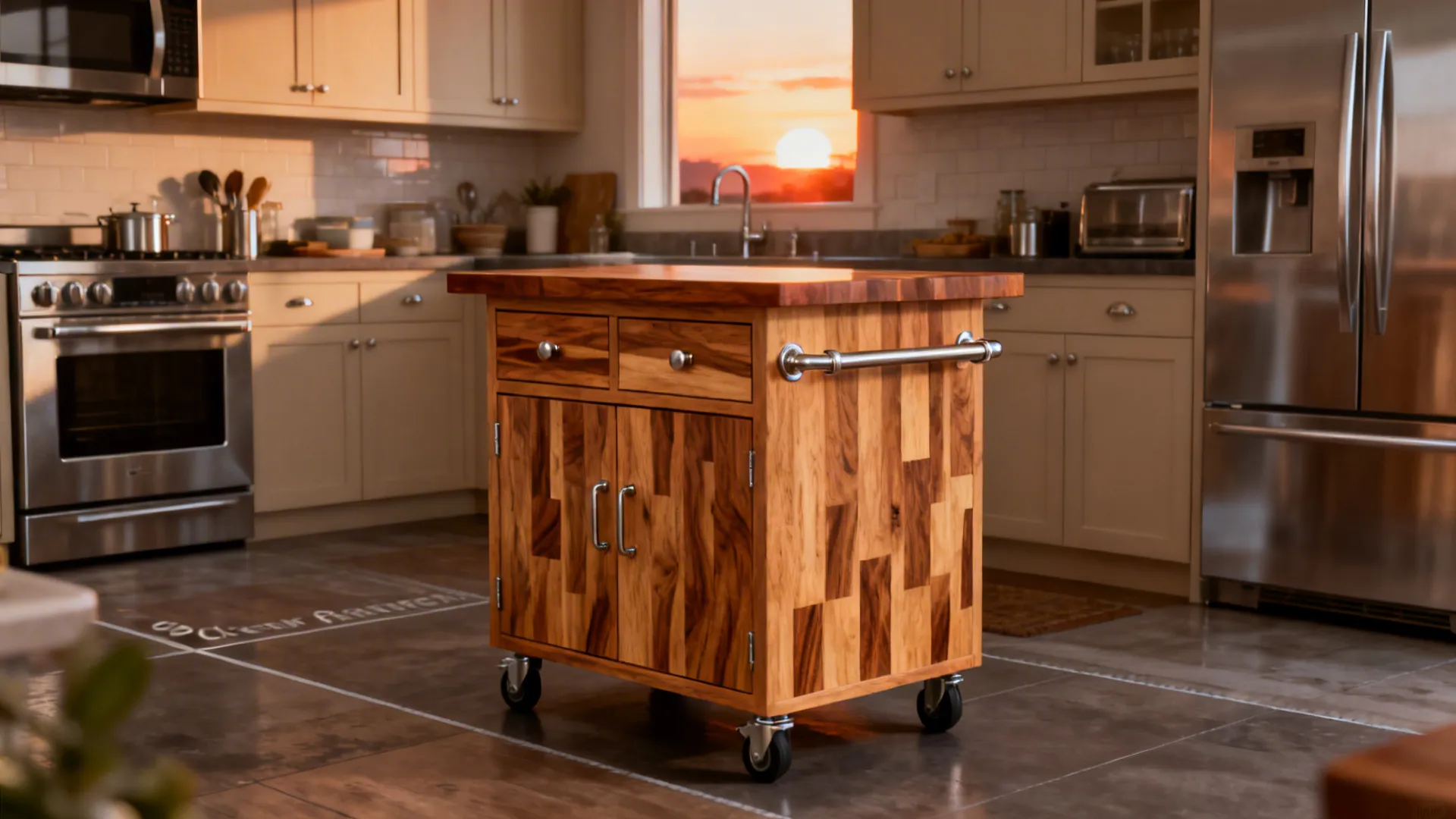 Butcher-block top trolley with drawers used as a mobile island in a galley kitchen.