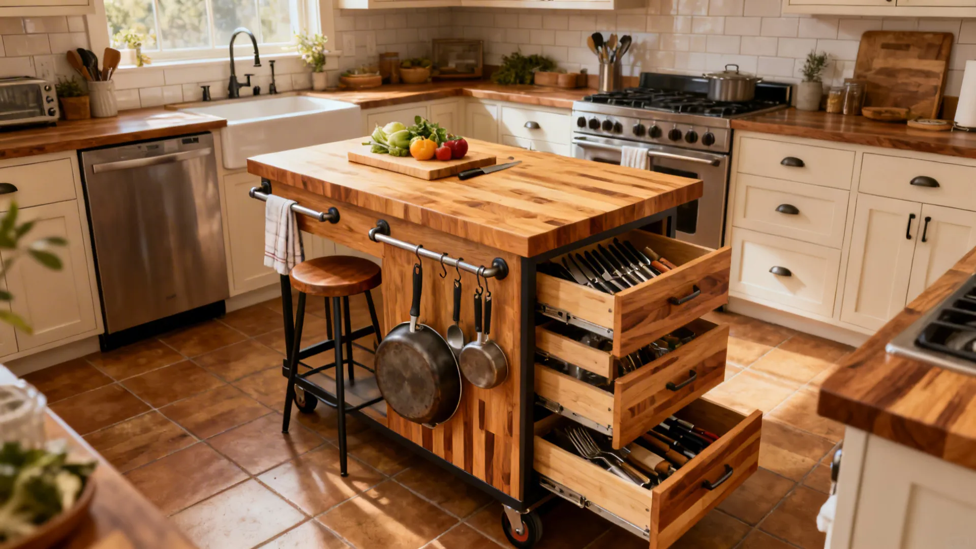 Wooden kitchen trolley with open drawers, hanging pans, vegetable cutting board, and white cabinets background