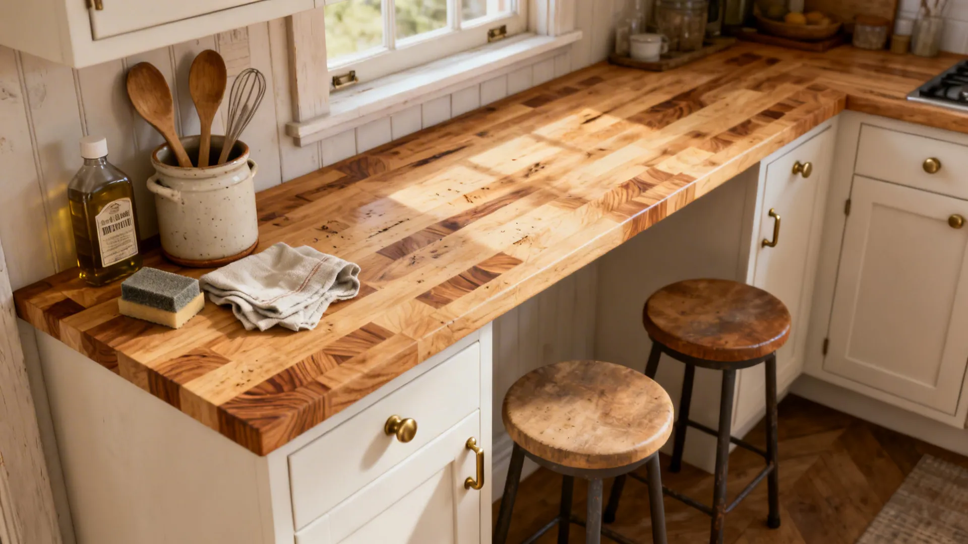 Light-oak butcher block in a cozy small kitchenette with white cabinets.