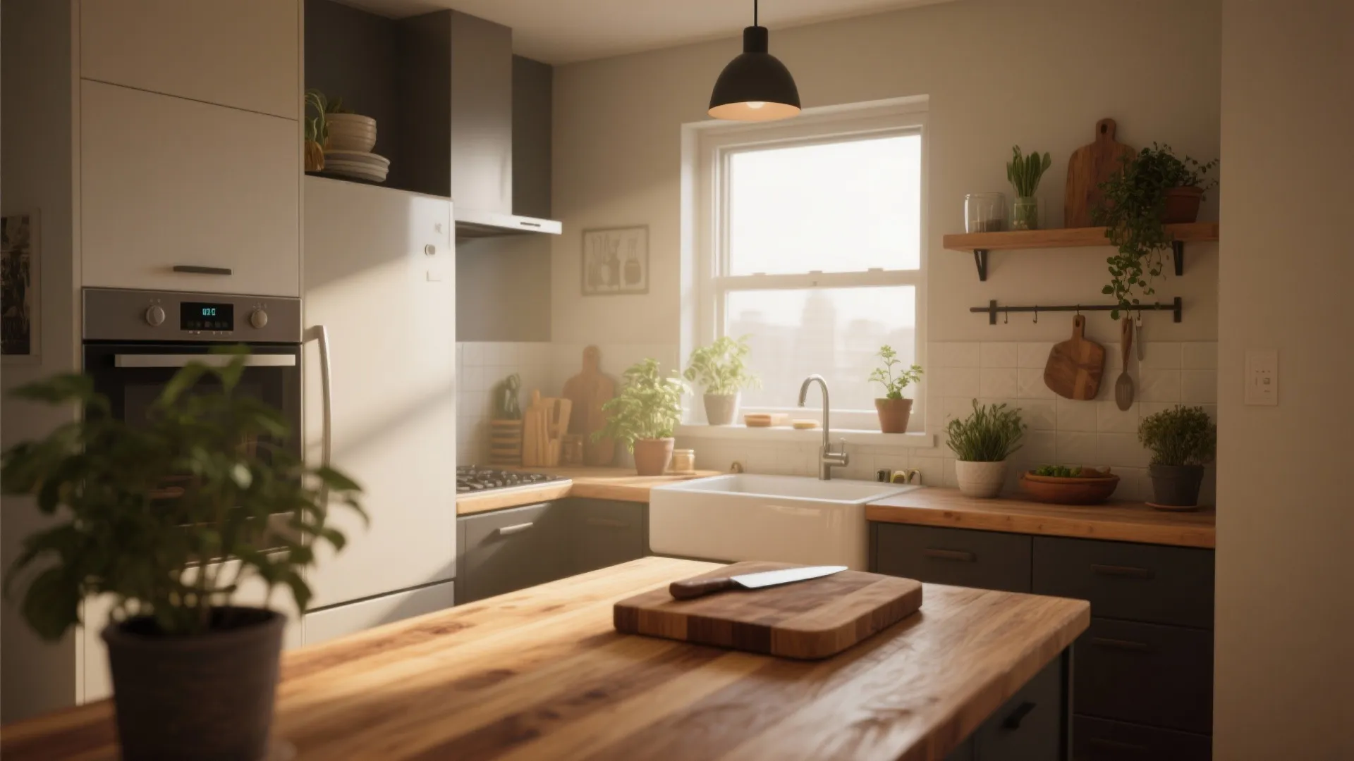 Modern kitchen with wood island countertop white sink black cabinets and bright natural window light
