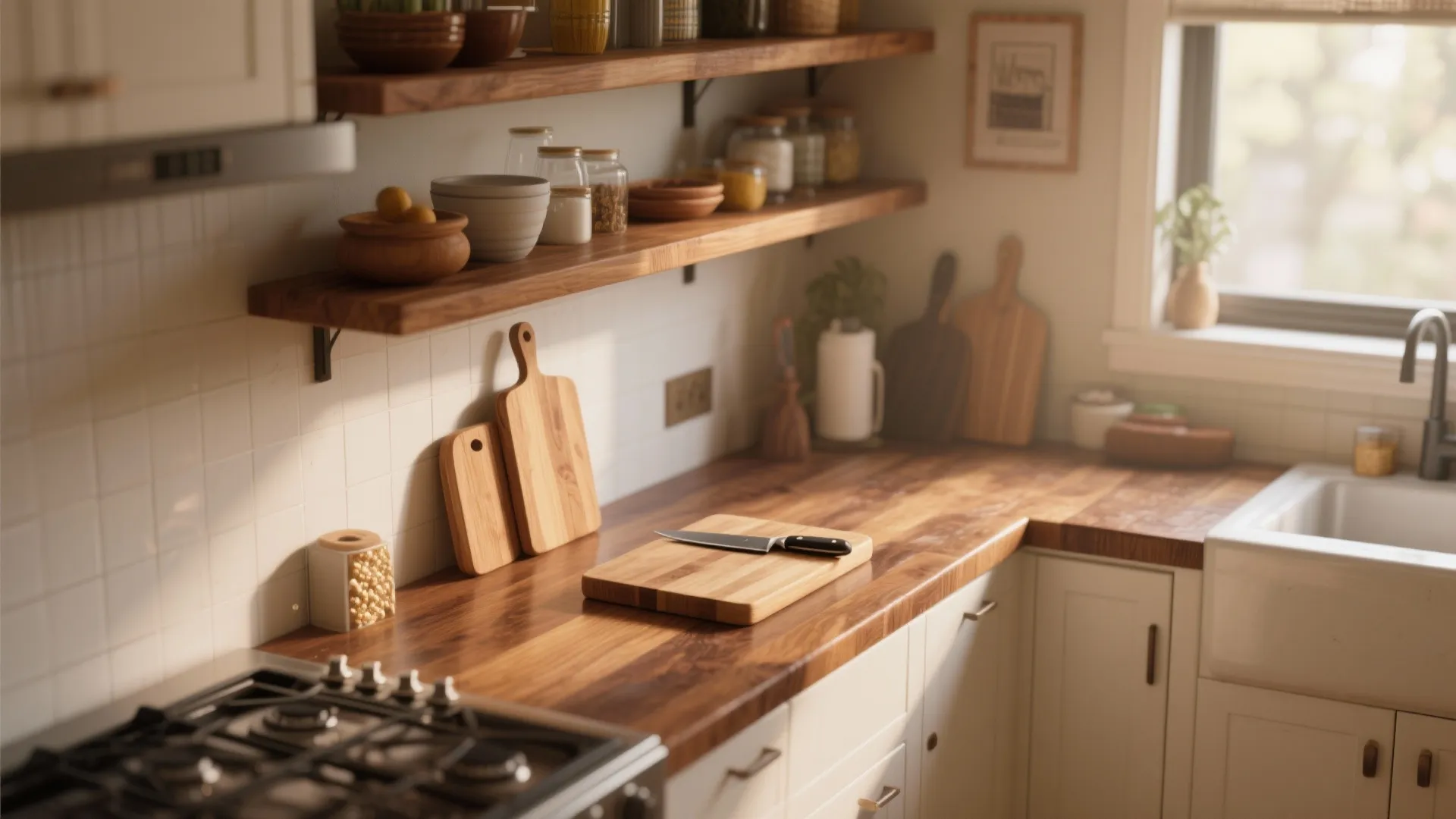 Cozy kitchen featuring wood countertop, white cabinets, open wooden shelves, white sink, and natural light