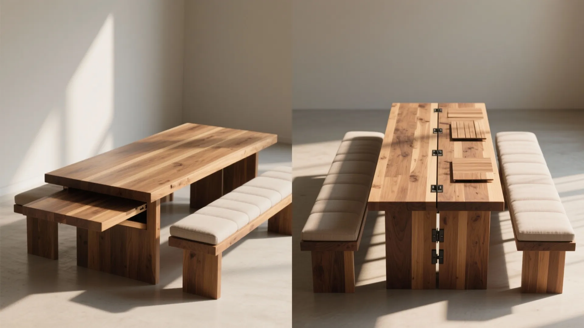 Extendable wooden dining table with long padded benches showing both folded and fully expanded seating options
