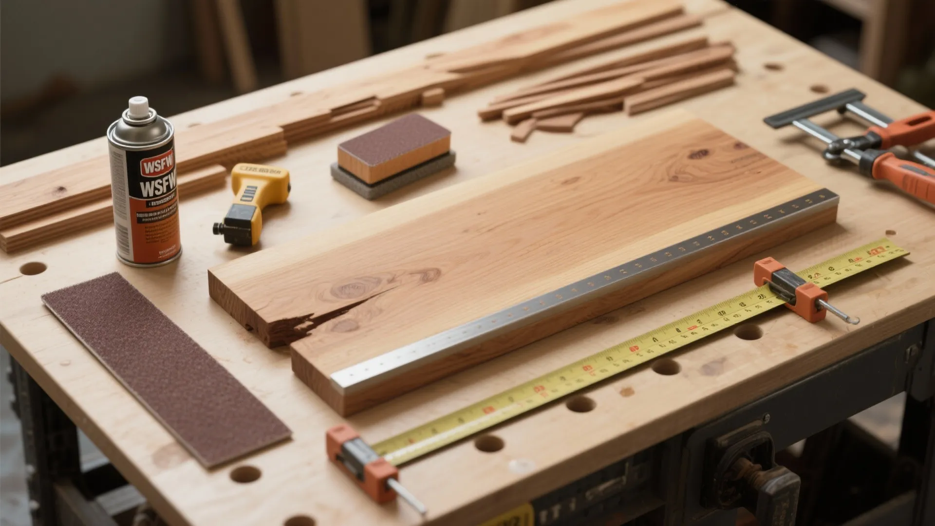 Woodworking workbench with wooden board measuring tape sandpaper spray can wood scraps and metal hand clamps