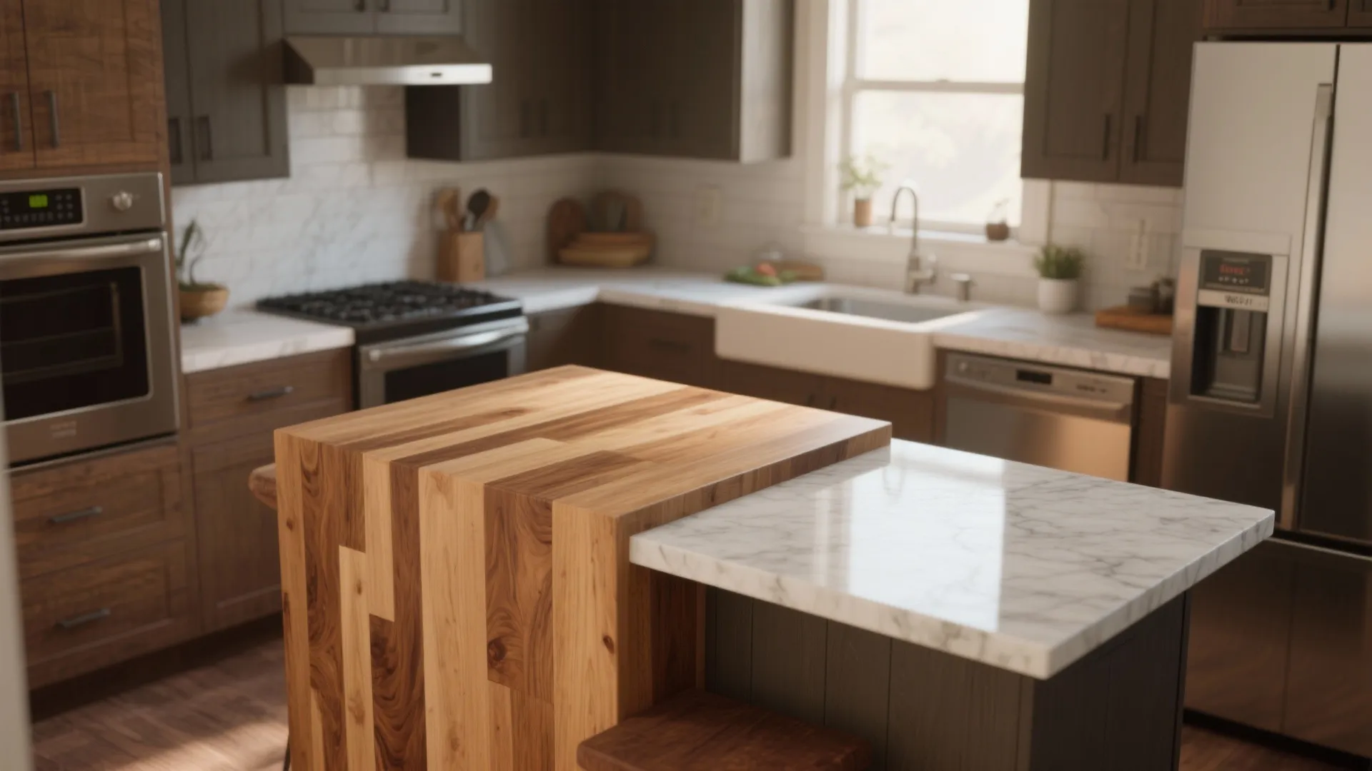 3. Mix-and-match: butcher block islands with quartz perimeters