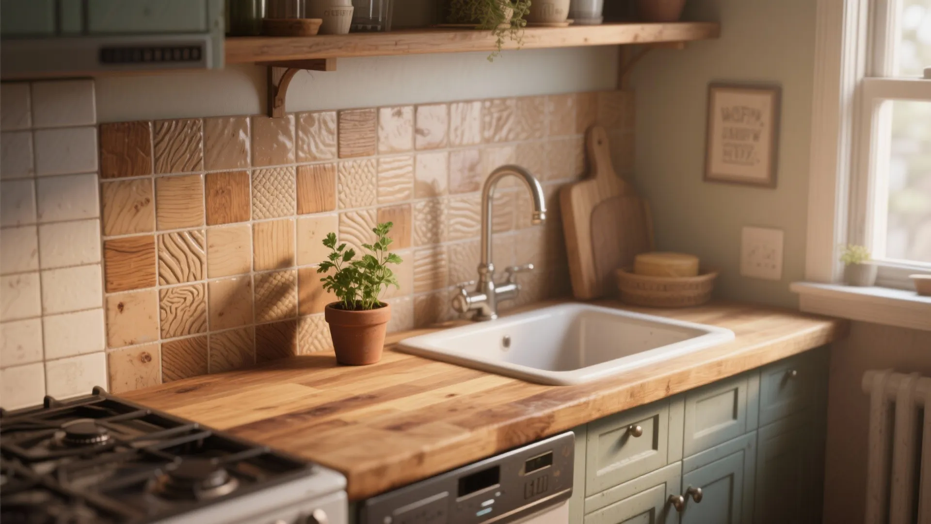 2. Butcher block countertop + textured ceramic backsplash