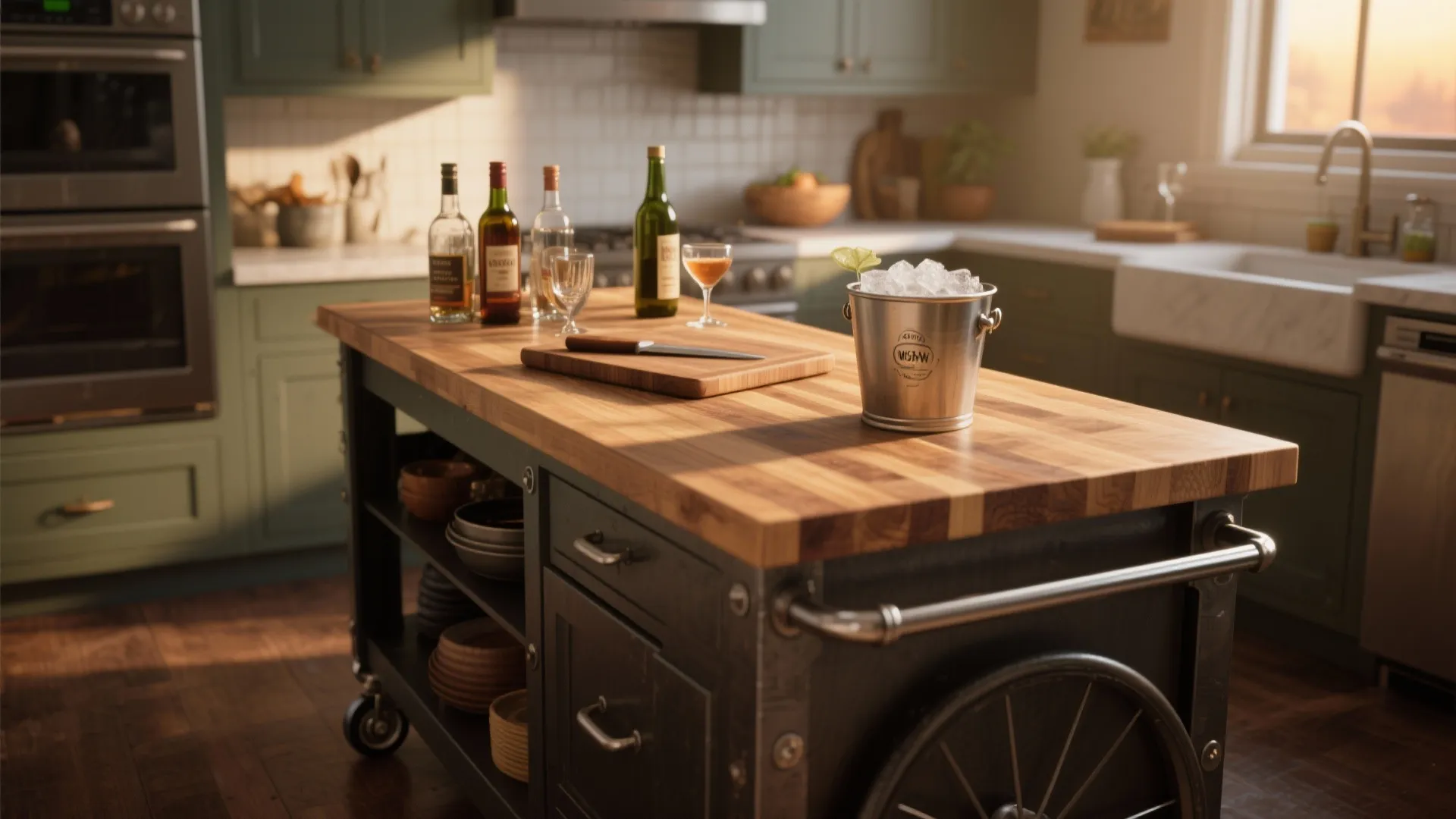 Butcher-block rolling island used as a kitchen prep surface and evening cocktail station with bottles and an ice bucket.