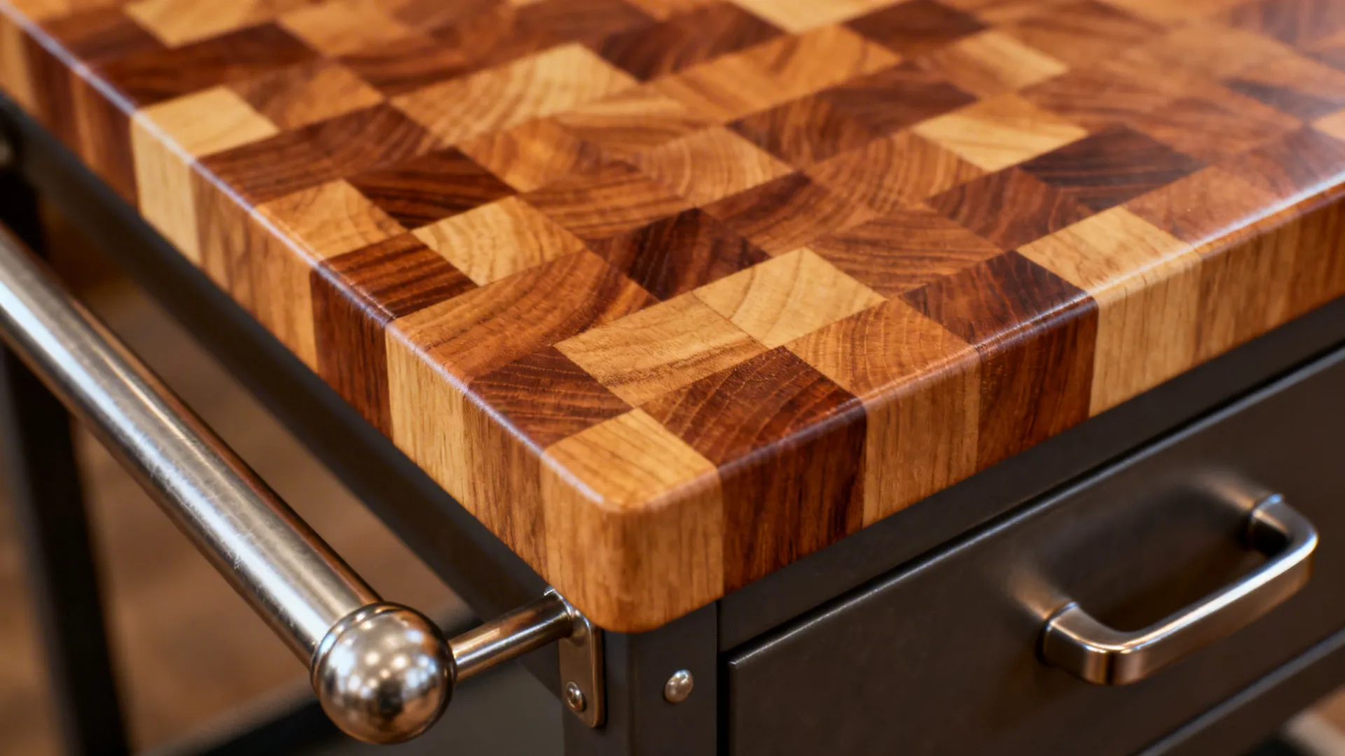 Macro of an oiled end-grain butcher-block trolley top with warm wood texture.