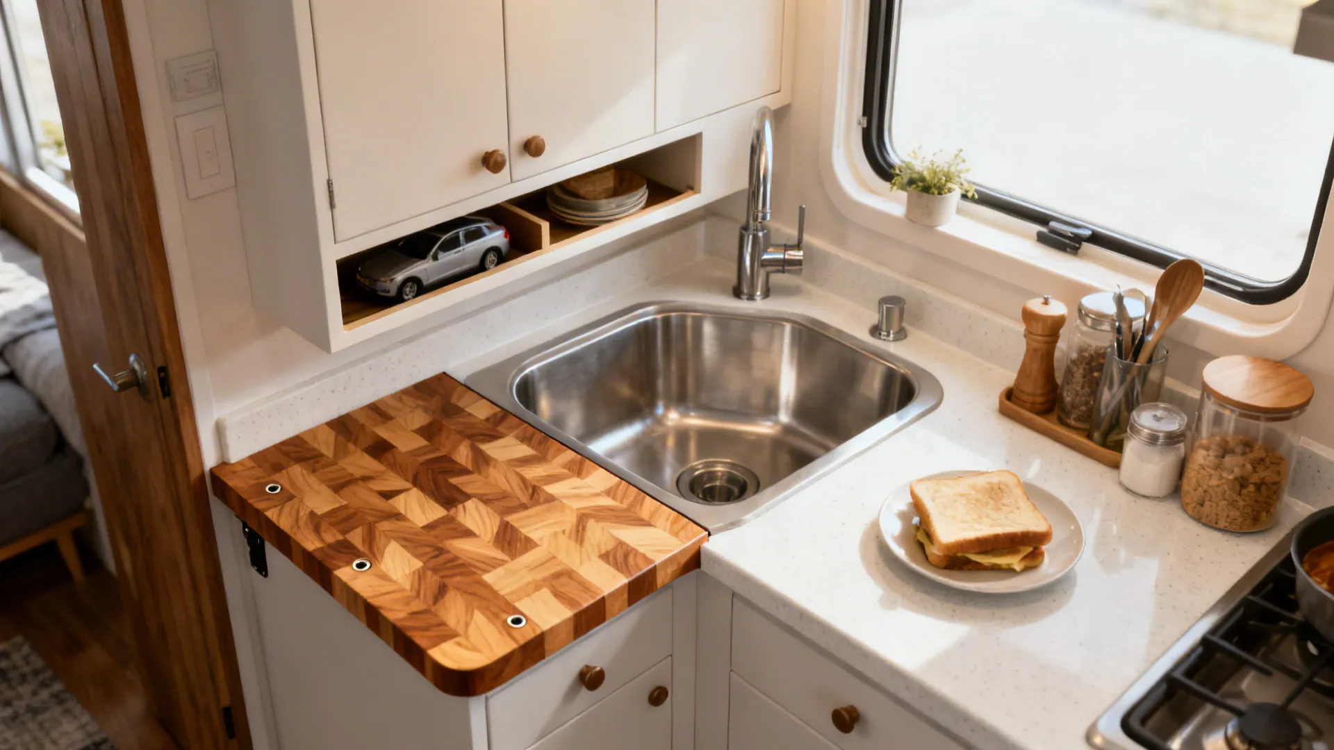 Corner sink with a removable end-grain butcher-block wing doubling as a prep surface.