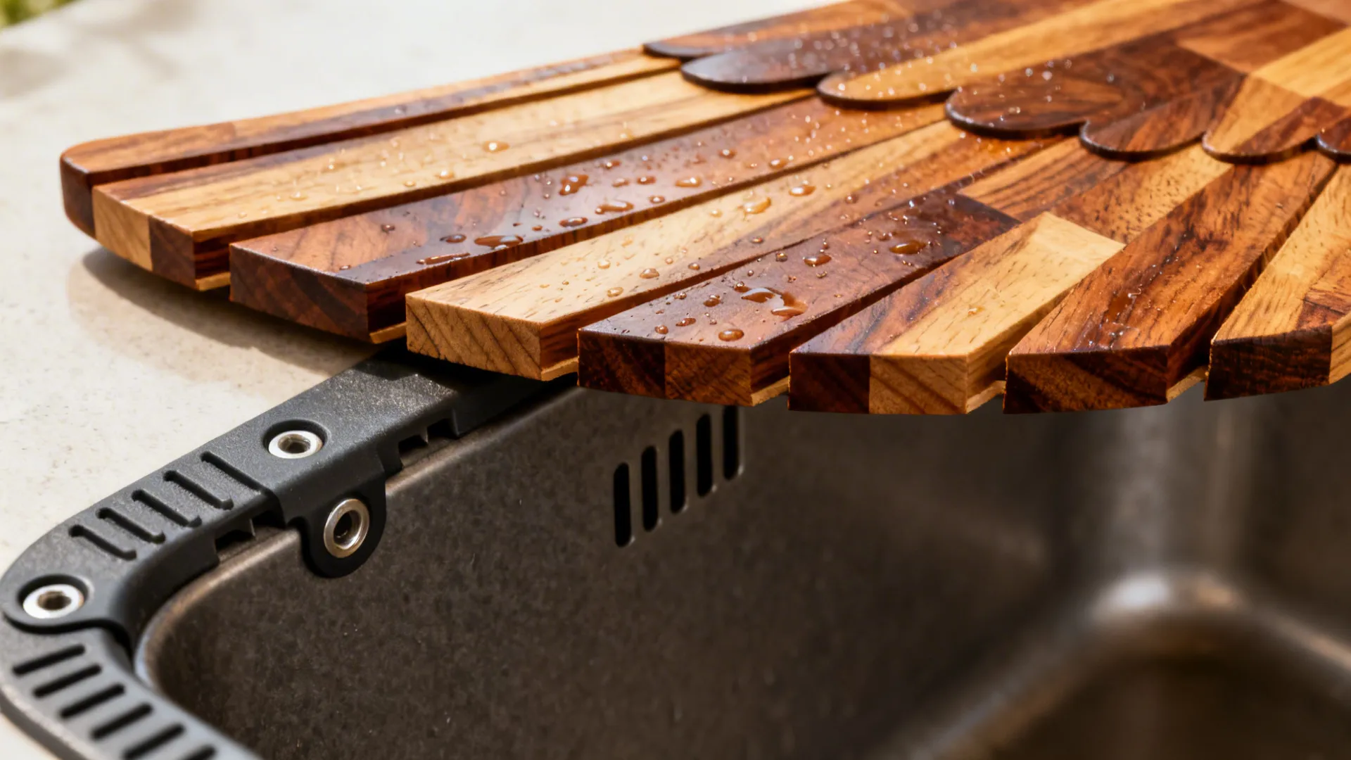 Close-up of an end-grain wood wing with anti-slip grommets seated on a corner sink.