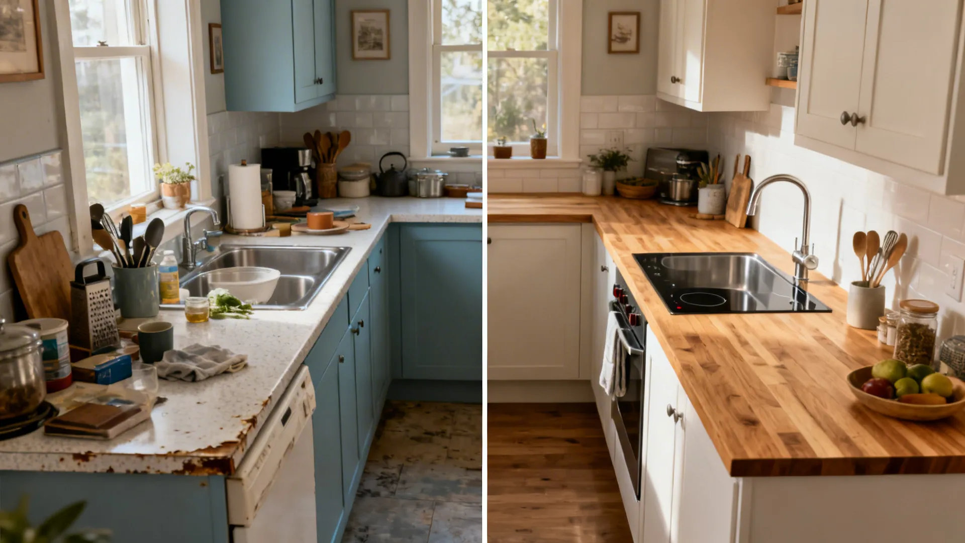 Before and after of a small L-kitchen upgraded to warm butcher-block counters and better flow.