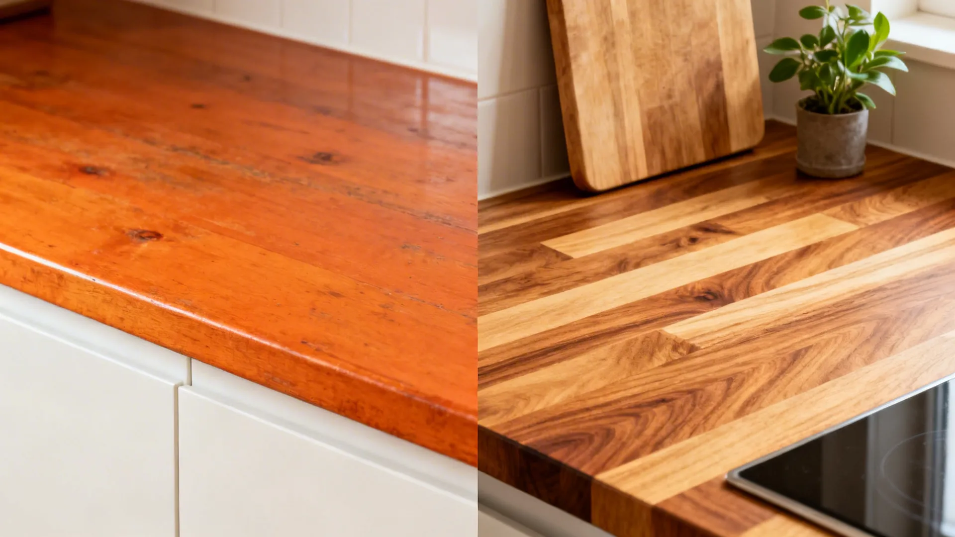 Before-and-after of a UK kitchen worktop from dull varnish to rich oiled oak.