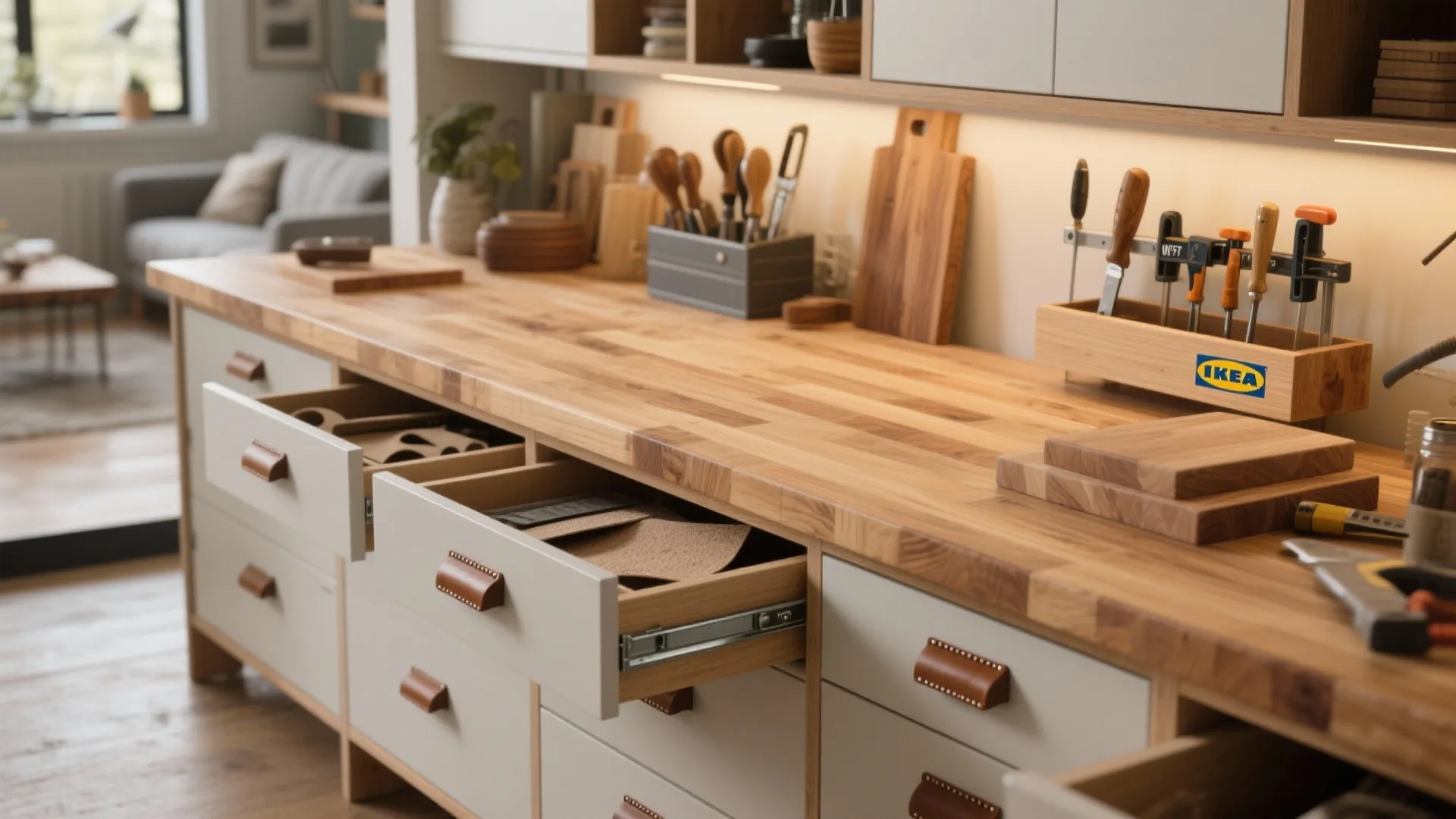 Modular butcher-block top with integrated storage