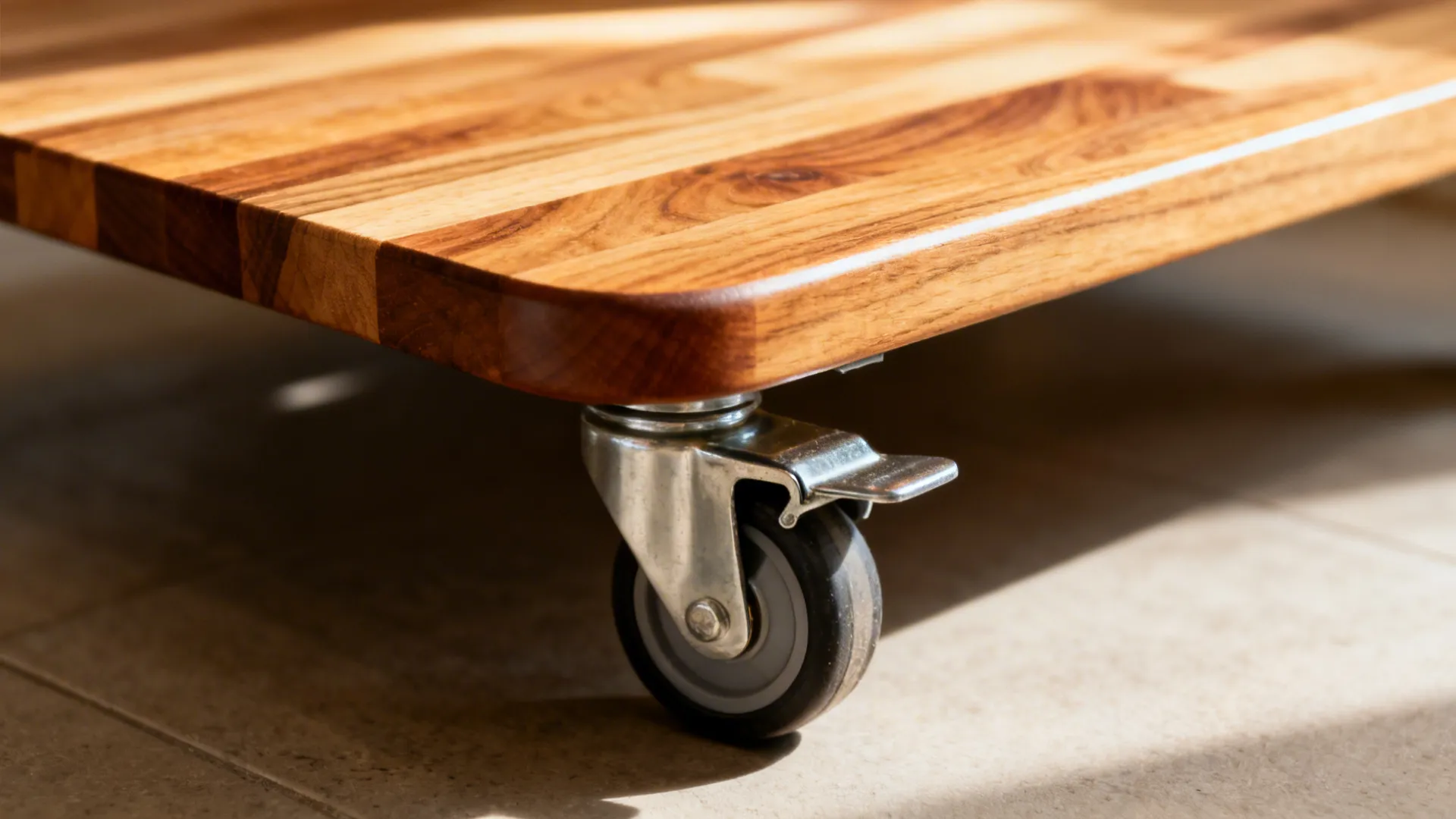 Close-up of oiled butcher-block top and a locking caster on a slim trolley.