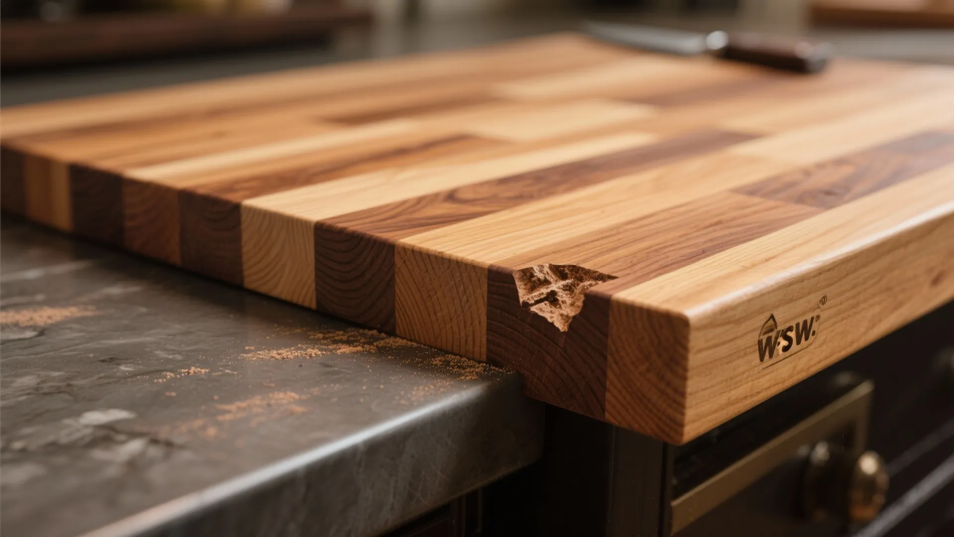 Close up view of a thick wooden butcher block cutting board with visible surface wood damage