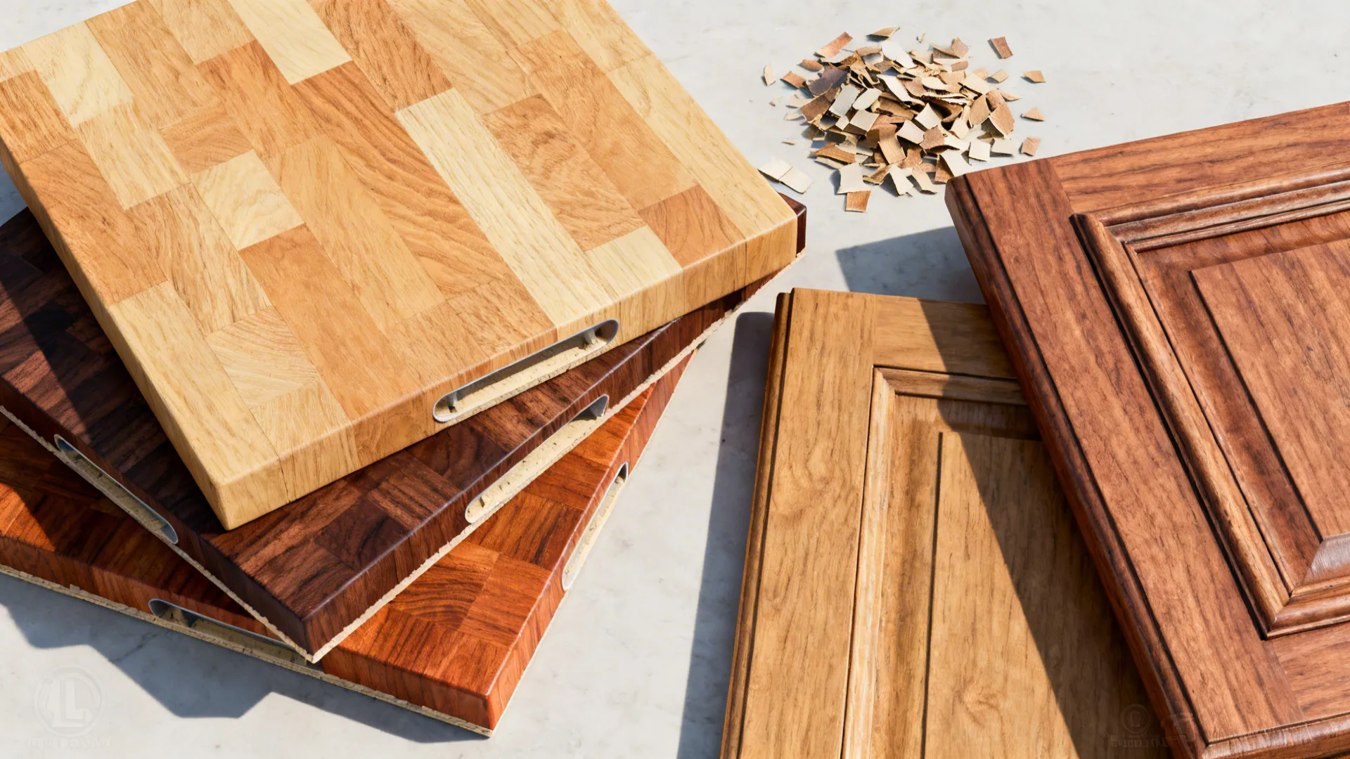 Top-down palette of butcher block samples beside oak cabinet sample for comparison