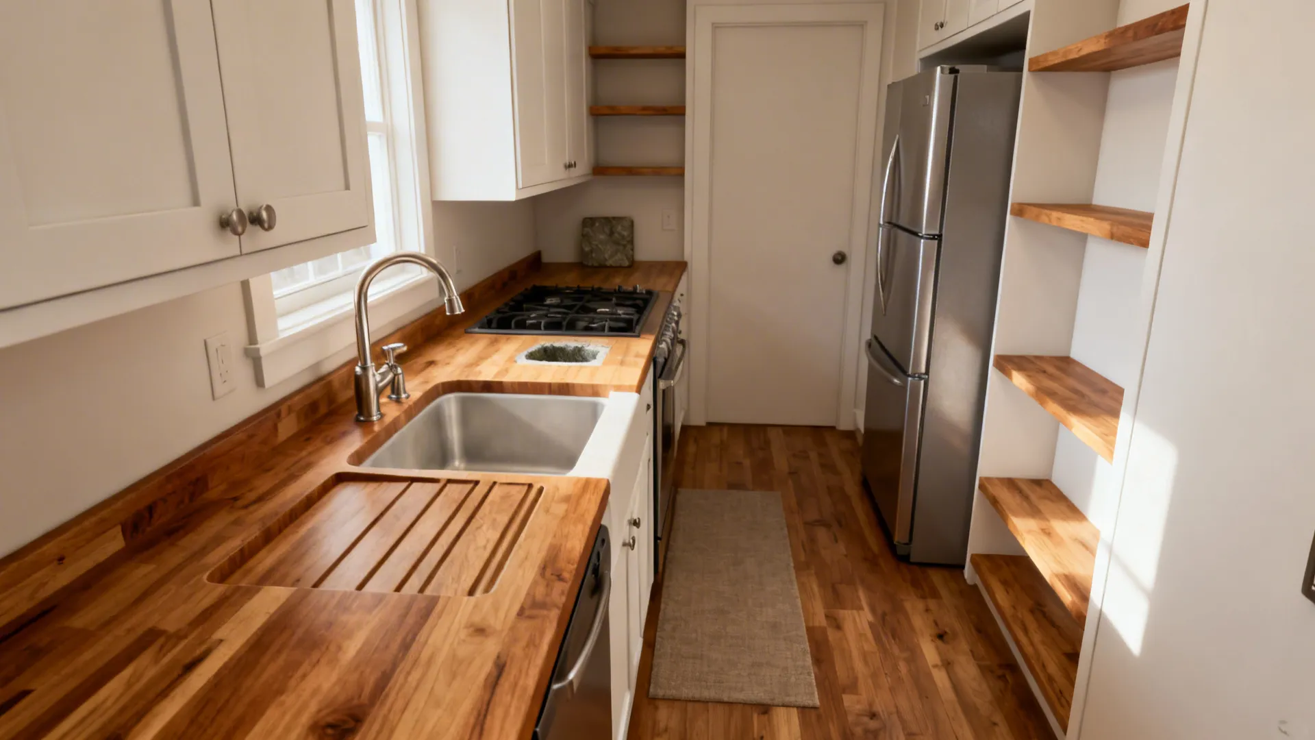 Galley kitchen with white cabinets, wood countertops, steel sink, silver fridge, and open wooden shelves