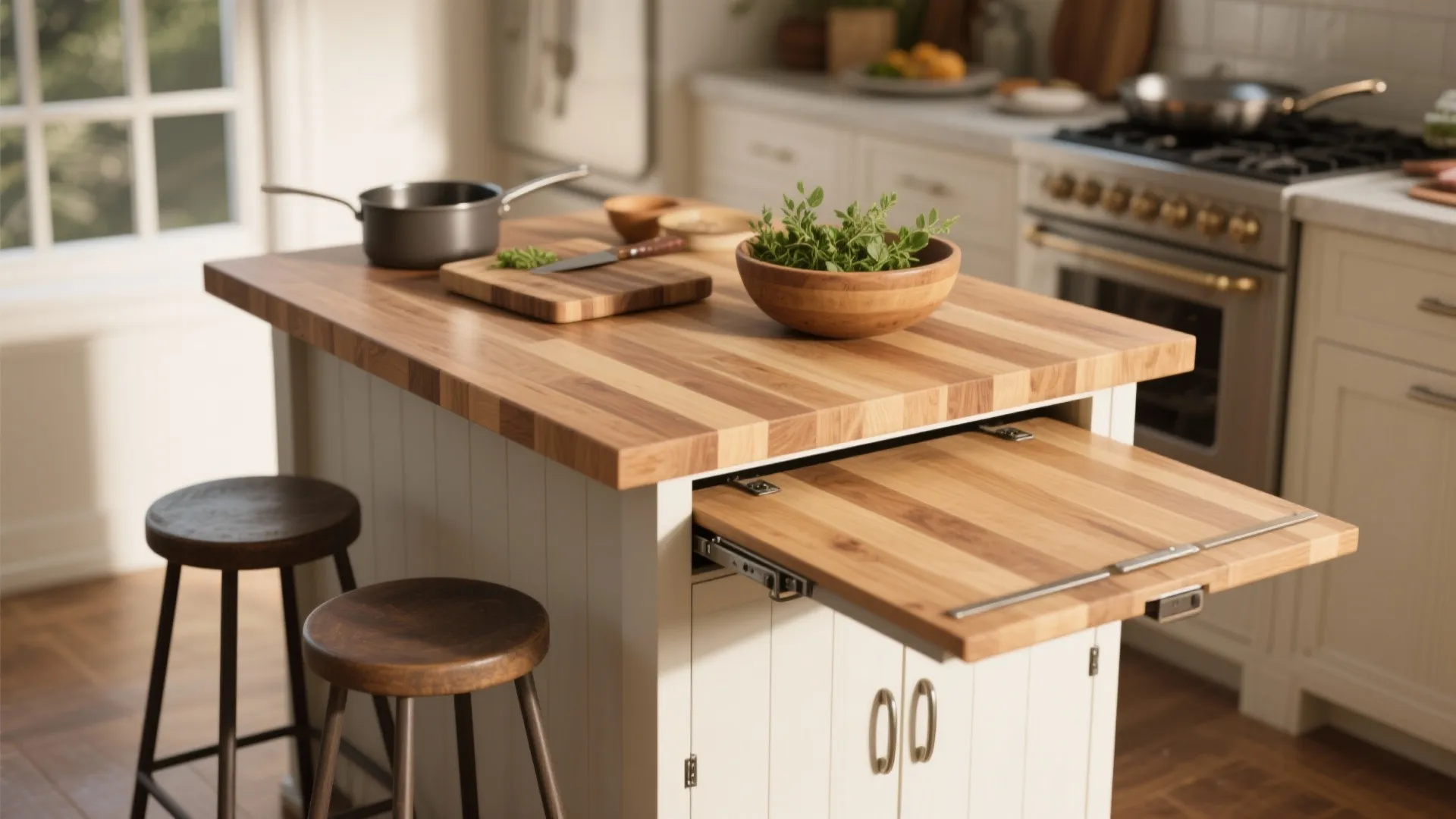Butcher-block island with a hinged drop-leaf converted from prep surface to dining seating two.