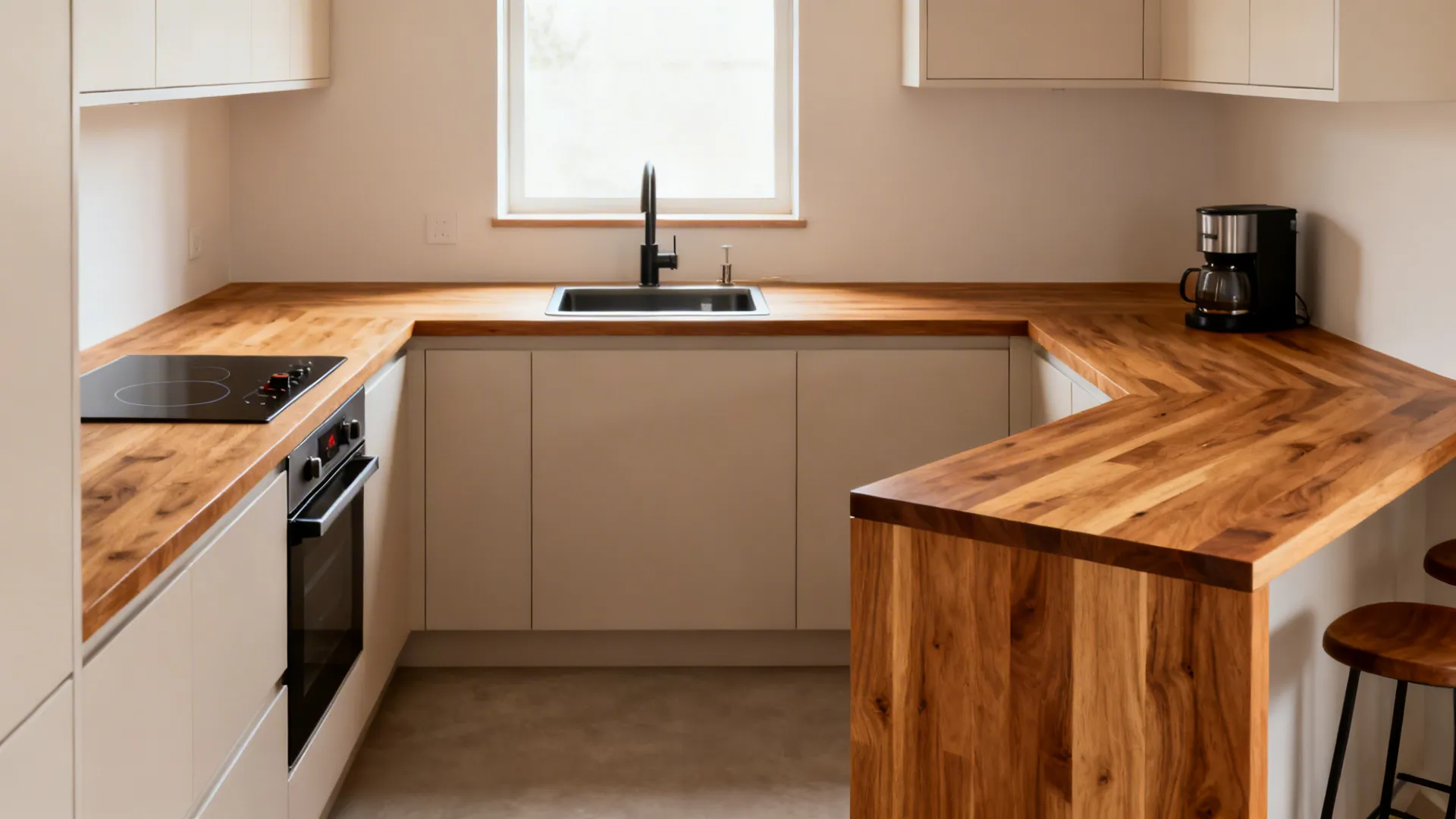 Compact L-shaped kitchen with warm beech butcher-block counters and clear work zones.