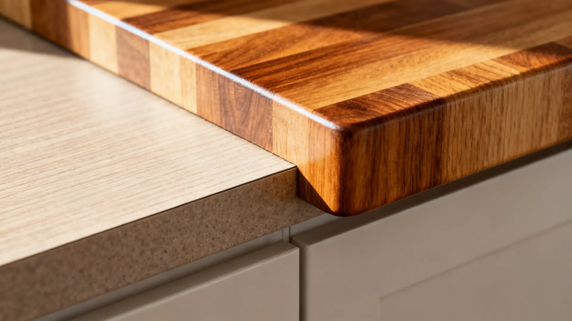 Macro detail showing a butcher-block insert meeting a laminate counter with clean edges.
