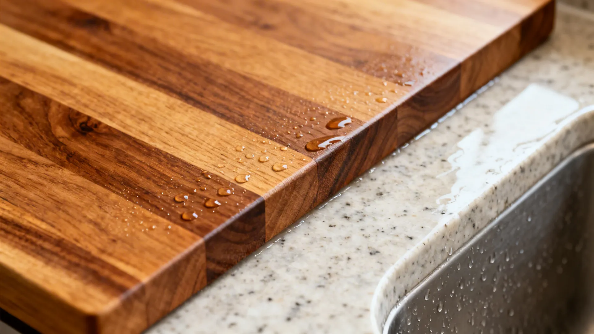 Close-up of sealed oak butcher block beside a quartz sink zone with water beading.