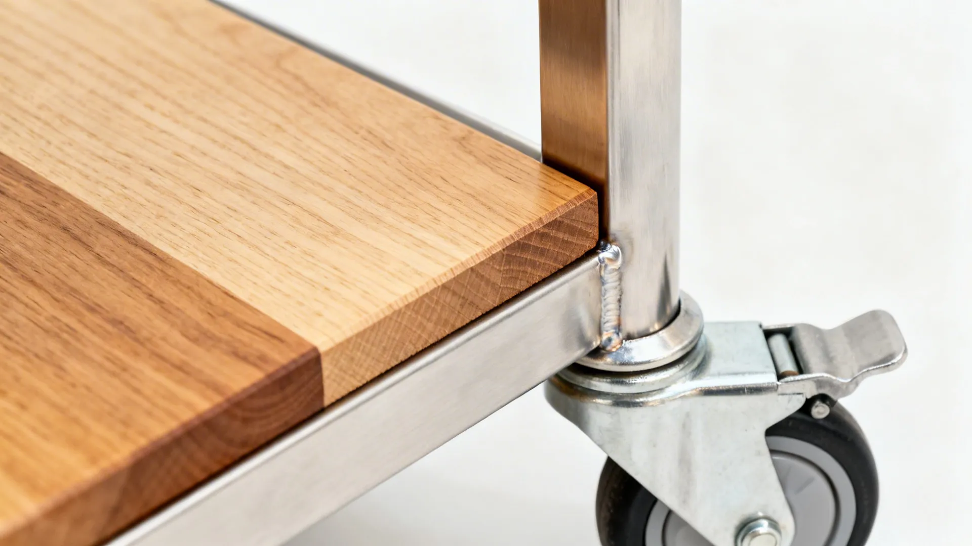 Close up of a kitchen cart showing the wooden top metal frame and small wheel