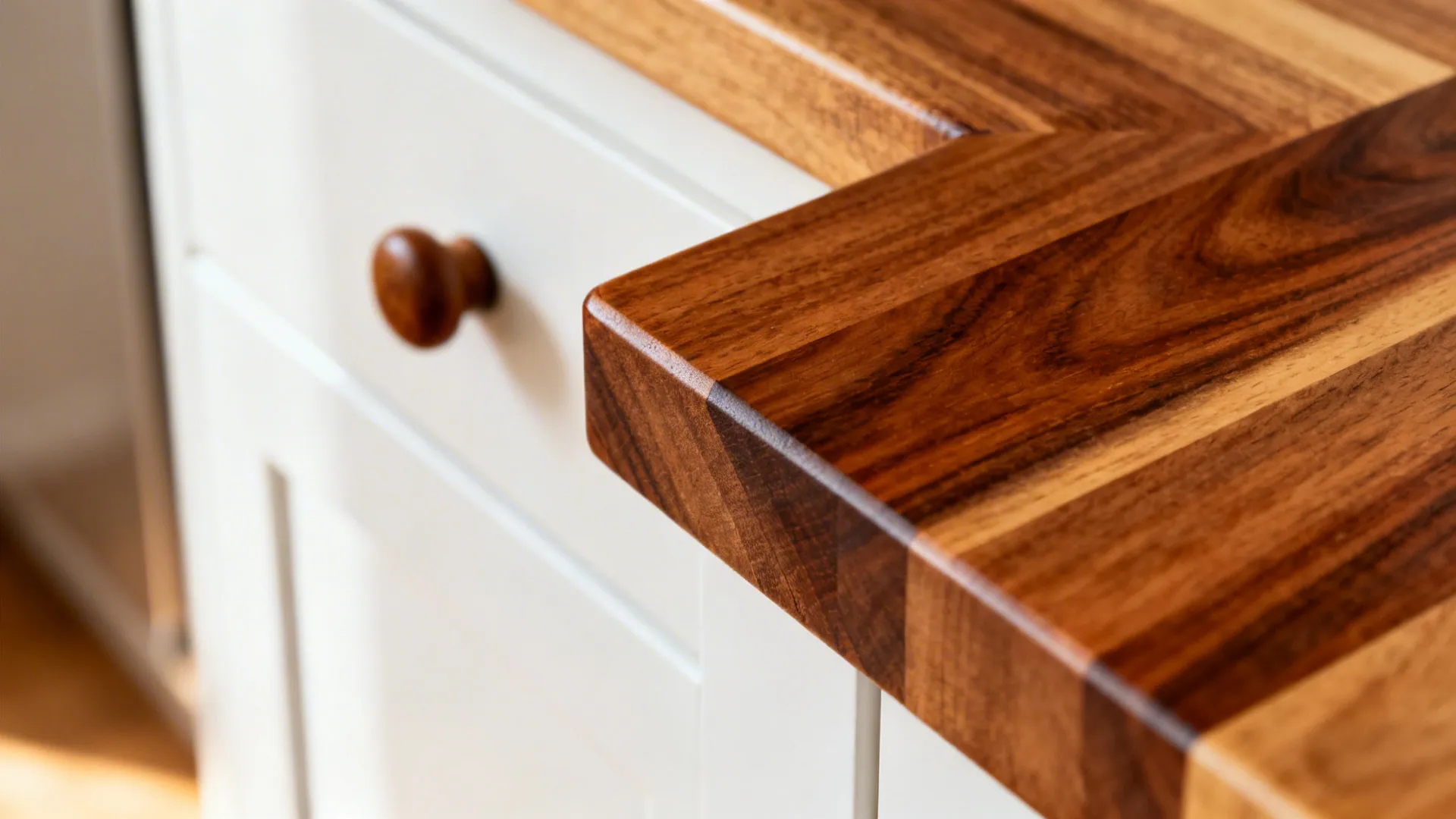 Close-up of an oiled butcher-block corner with visible grain and soft warm light.