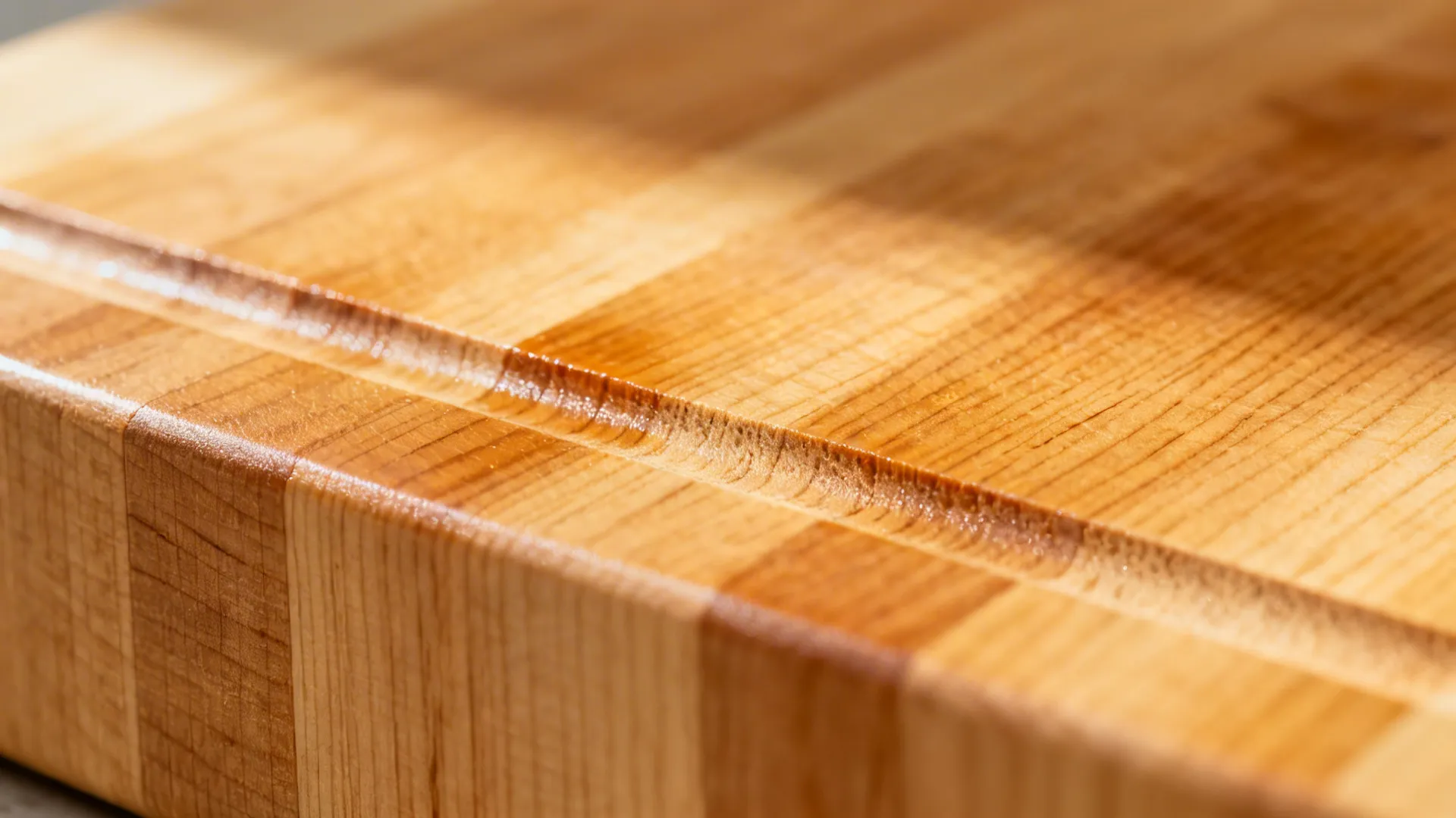 Close up of a light brown wooden kitchen countertop showing natural grain and carved detail