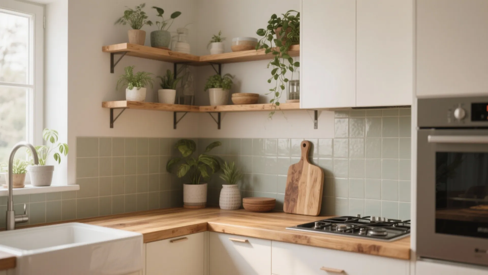 2. Butcher Block Countertop + Matte Ceramic Backsplash