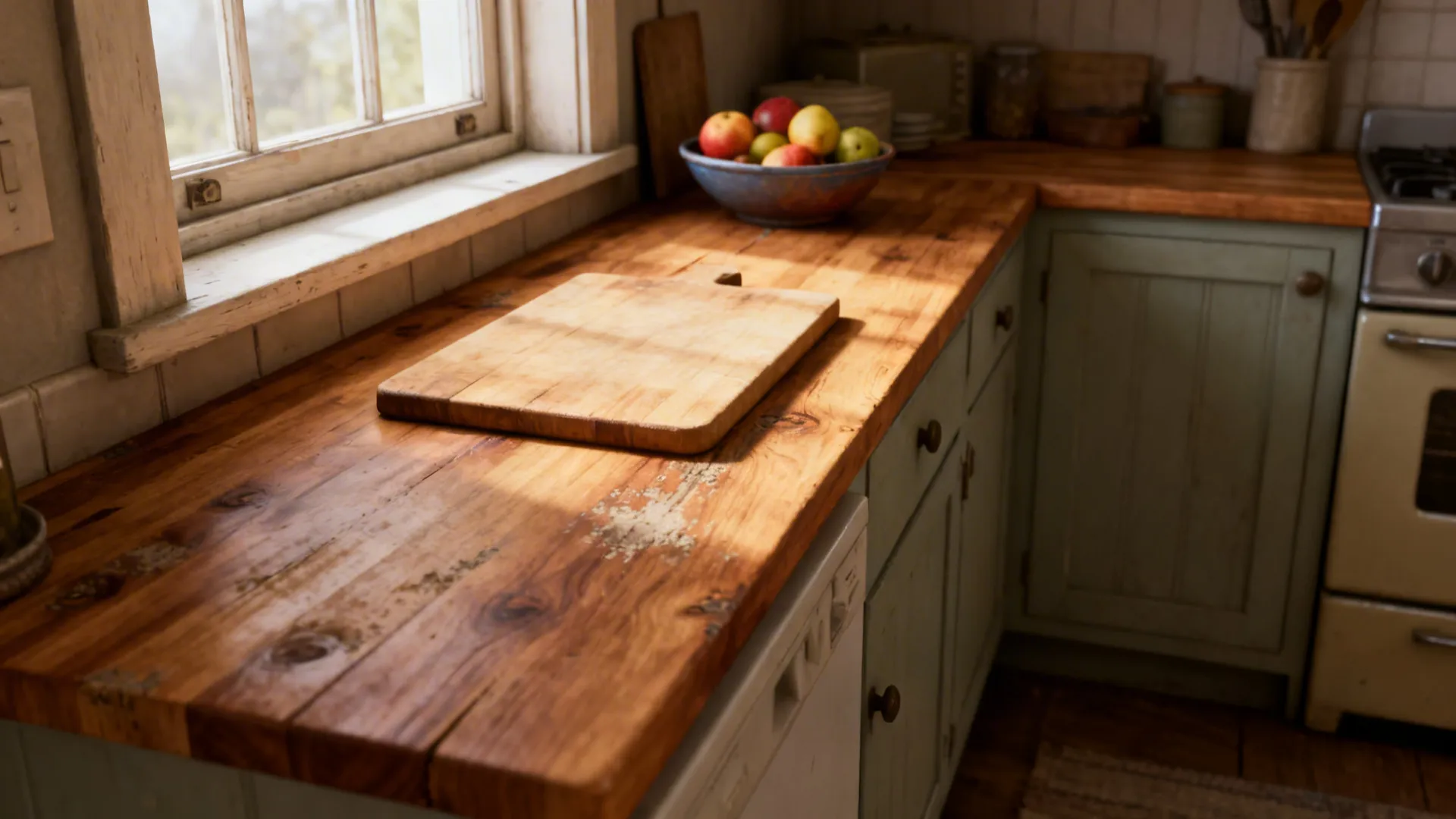 Cozy galley kitchen with an oak butcher block countertop, showing wood grain and warm lighting.