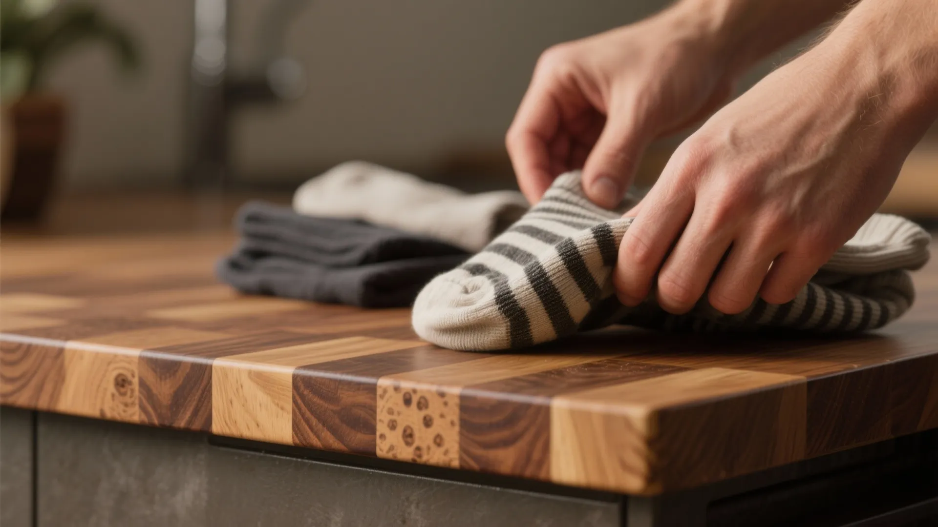 Close up of hands folding striped socks on a wooden kitchen countertop with blurred background