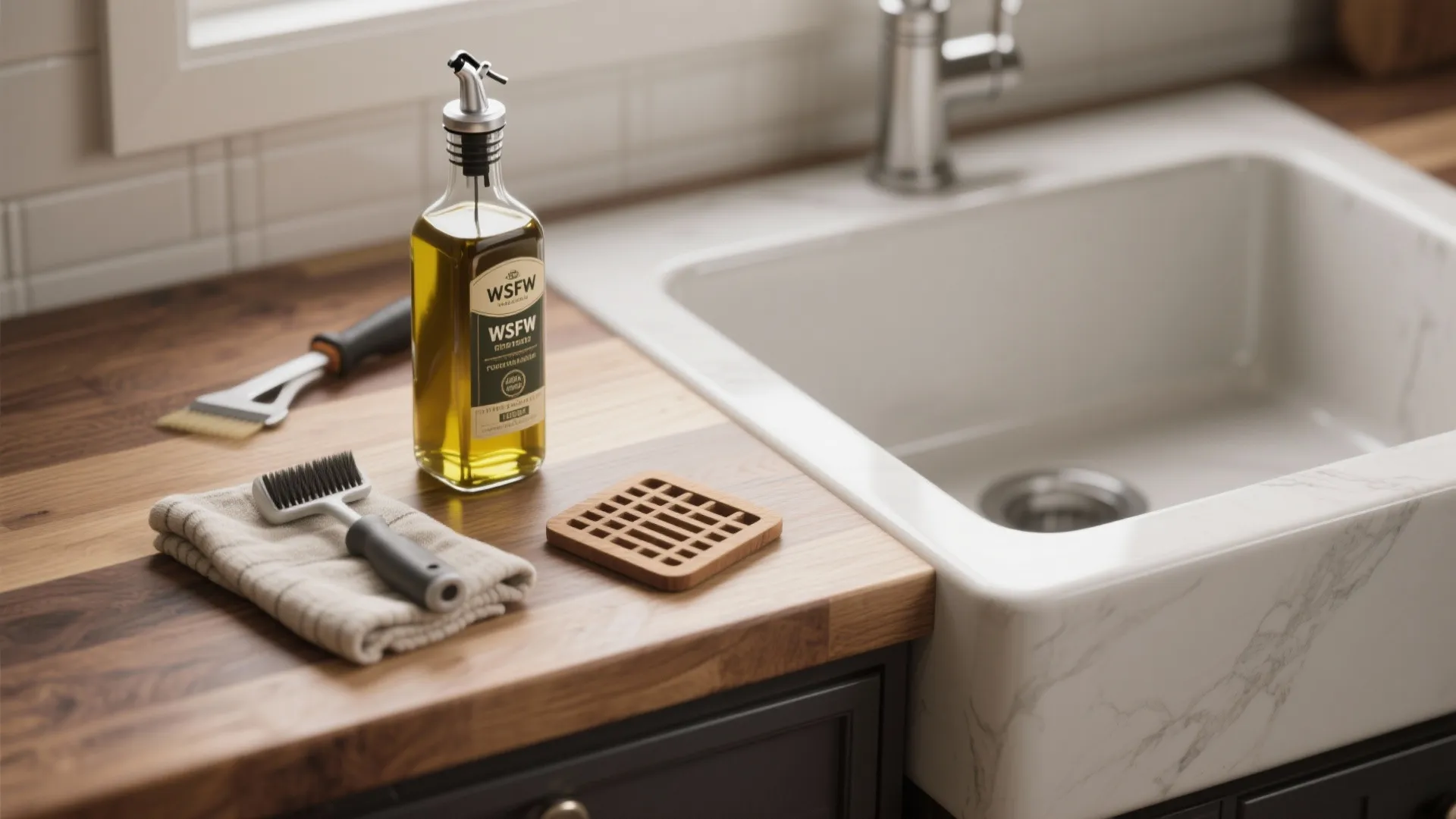 Close up of wooden countertop with oil bottle cleaning brushes and white sink in kitchen
