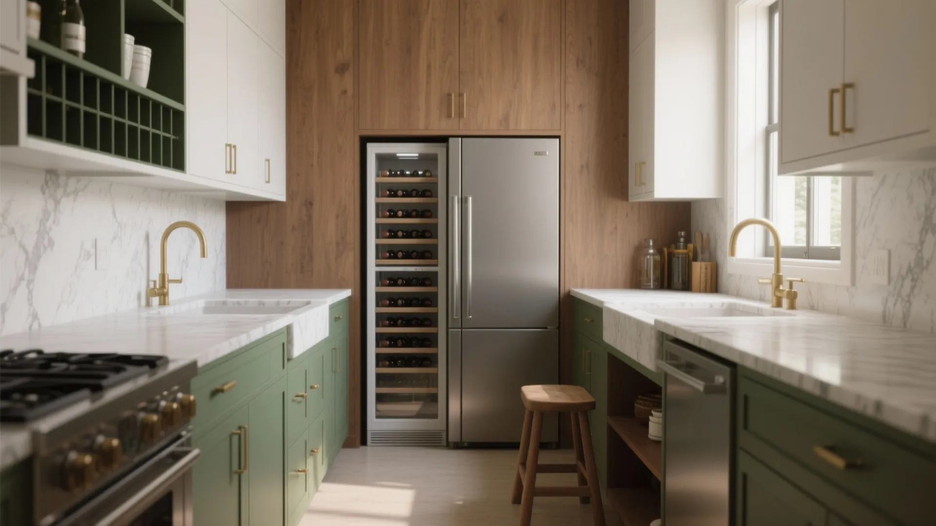 Modern green kitchen with white marble countertops silver refrigerator wood wall panels and wine cooler fridge
