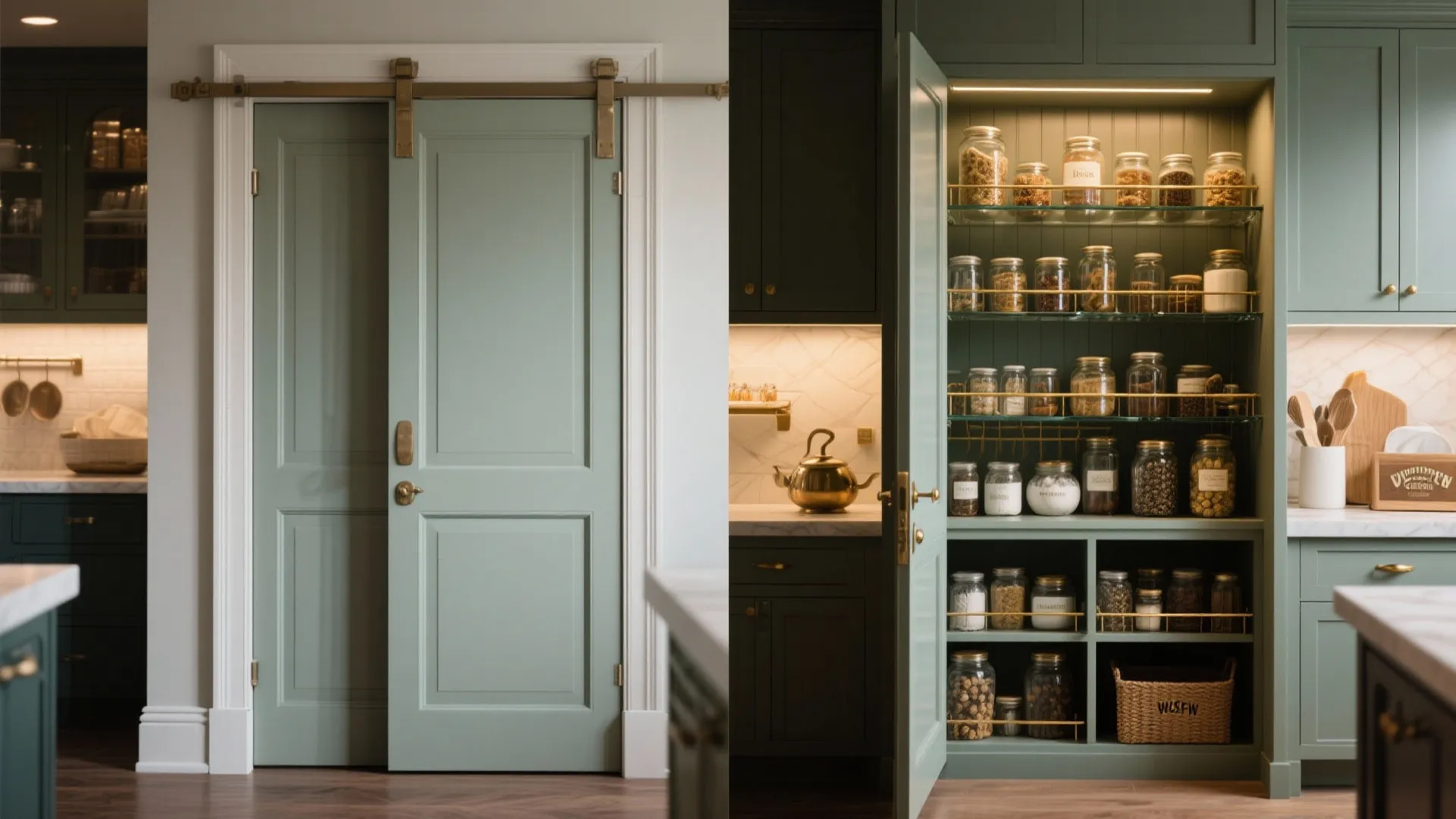 Comparison showing green sliding door closed and open revealing a pantry filled with glass jars