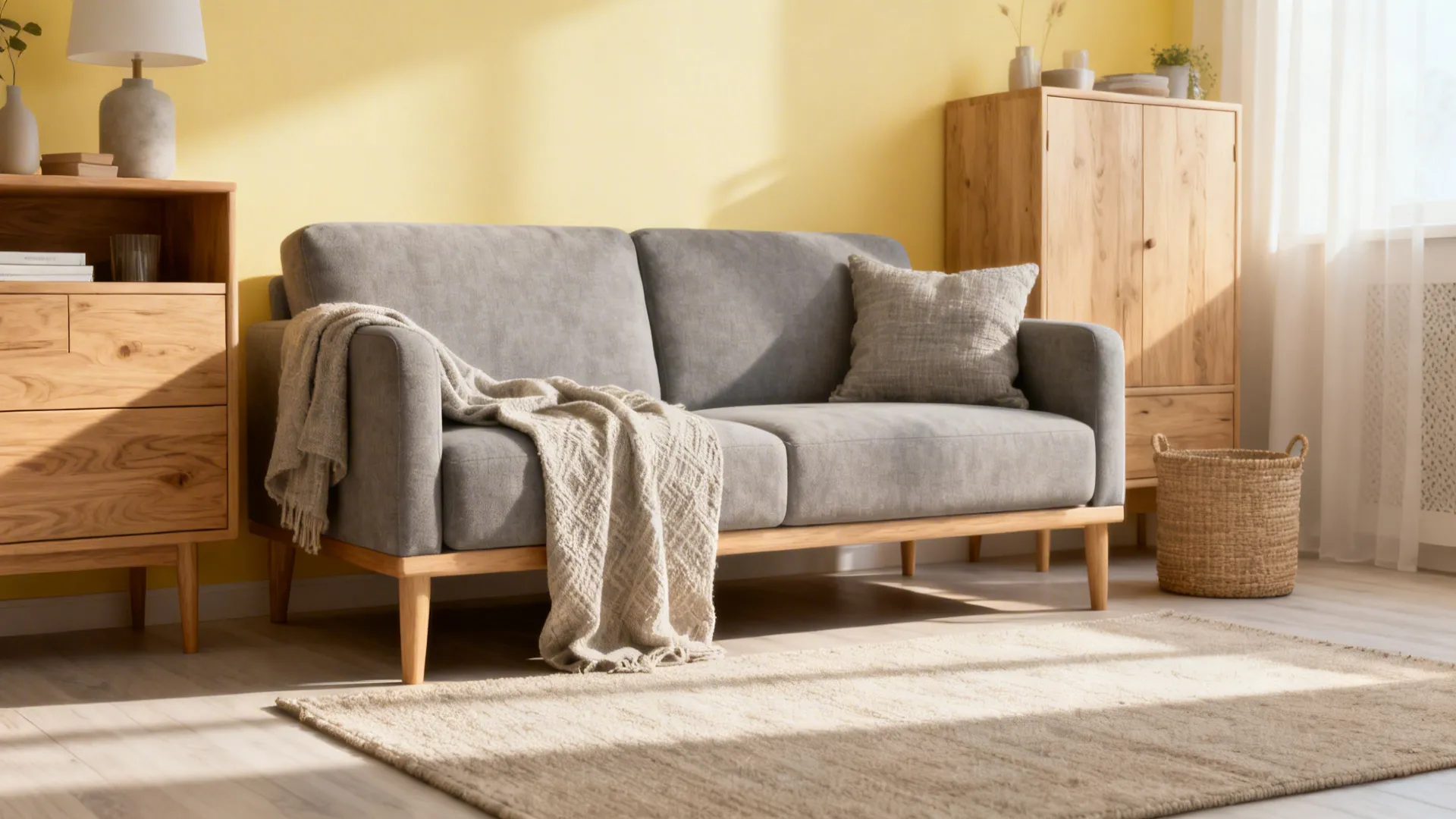 Scandinavian small living room with pale butter walls, soft gray sofa and light wood accents