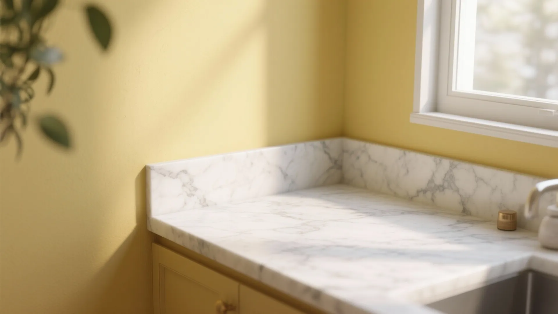 Butter-yellow wall next to white marble countertop showing veining and material texture