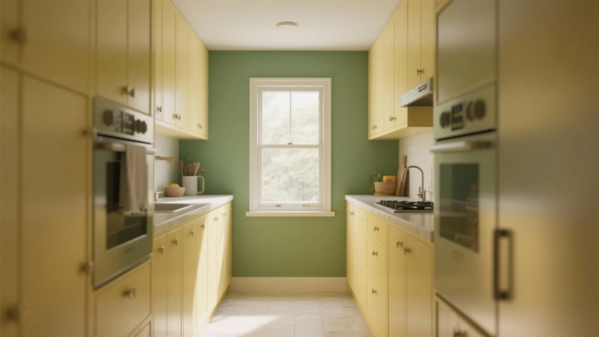 Narrow galley kitchen with pale butter-yellow cabinets and an olive-green accent wall creating a cozy nook.