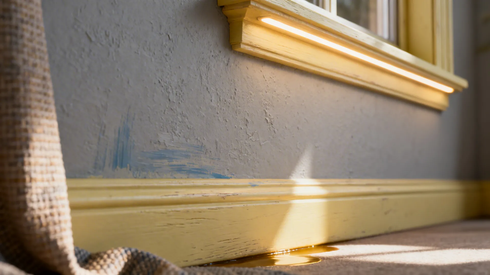 Close-up of dove-grey wall with pale butter-yellow trim showing texture and warm lighting.