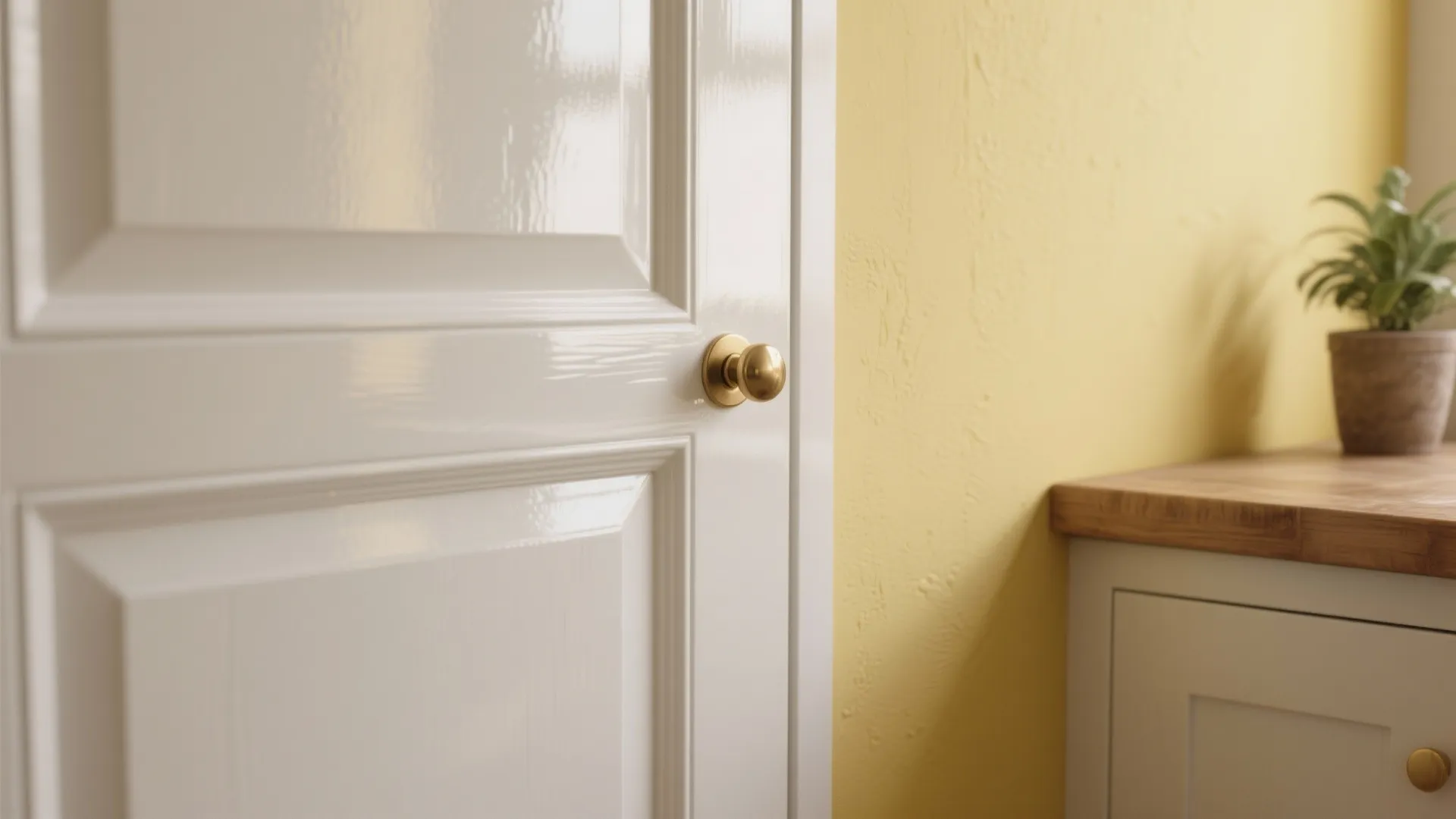1. Soft Butter Yellow Walls with Glossy White Cabinets