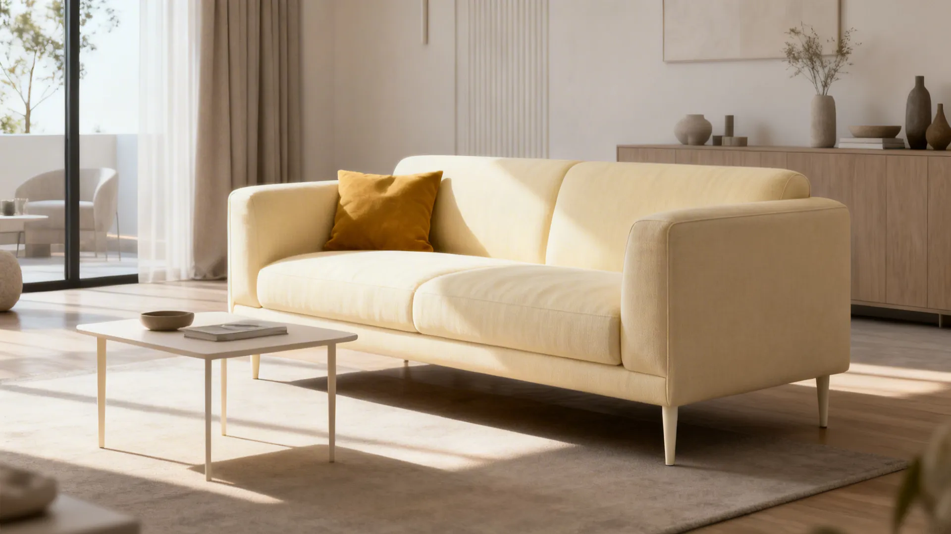Compact living area with a pale buttercream sofa and slim-legged furniture.