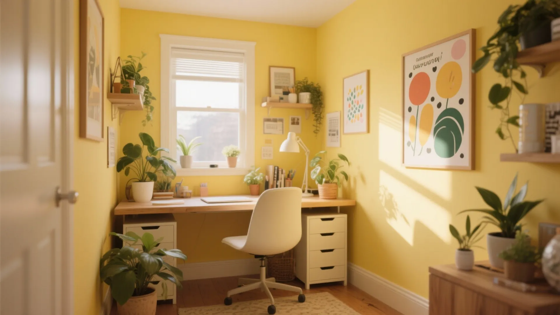 Bright yellow home office with wooden desk white chair many green plants and natural light