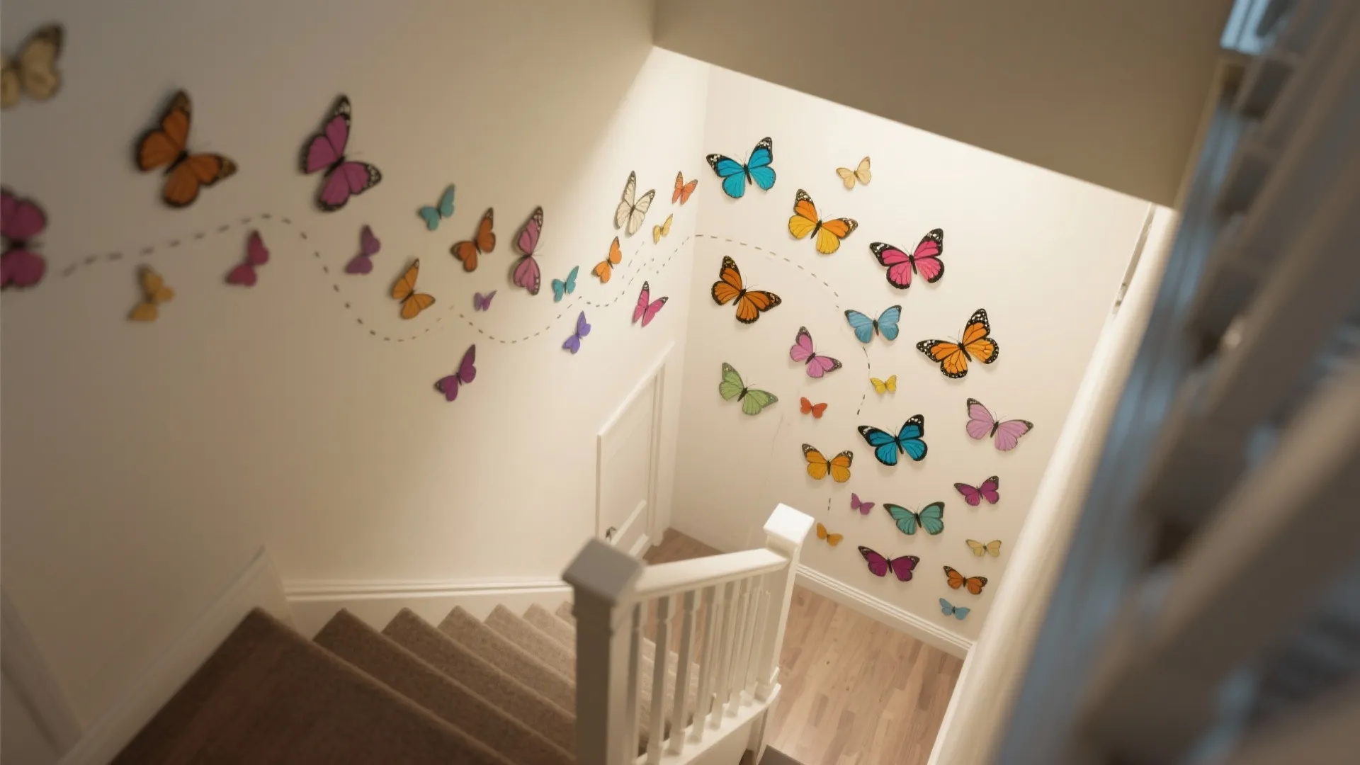 Staircase wall decorated with many colorful butterfly stickers flying in a curved line toward the ceiling