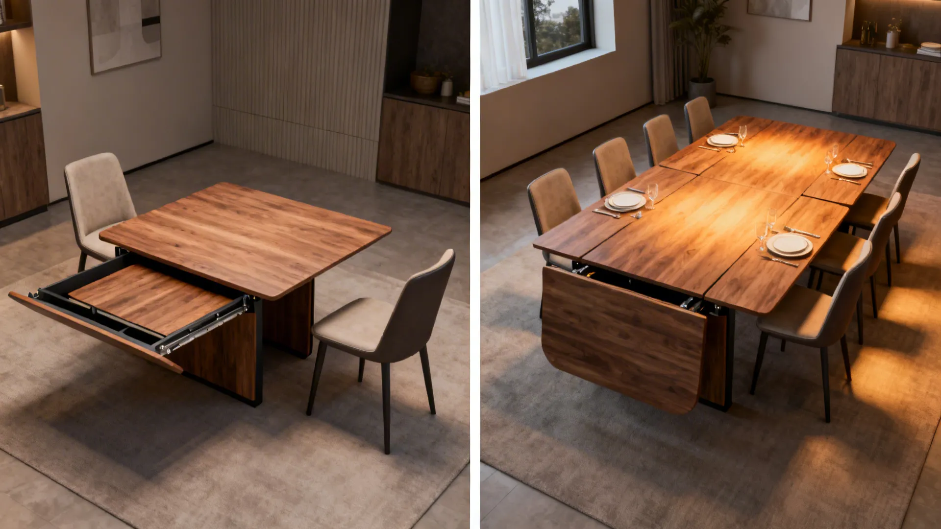 Before and after of a butterfly leaf table compact and fully extended for hosting in a small dining area.