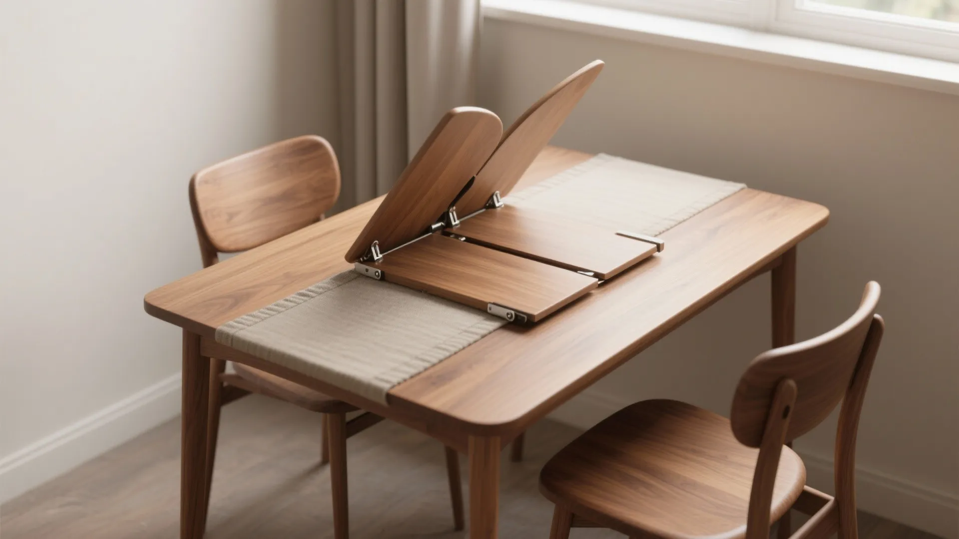 Wooden dining table with butterfly leaf mechanism showing how the middle section folds and expands