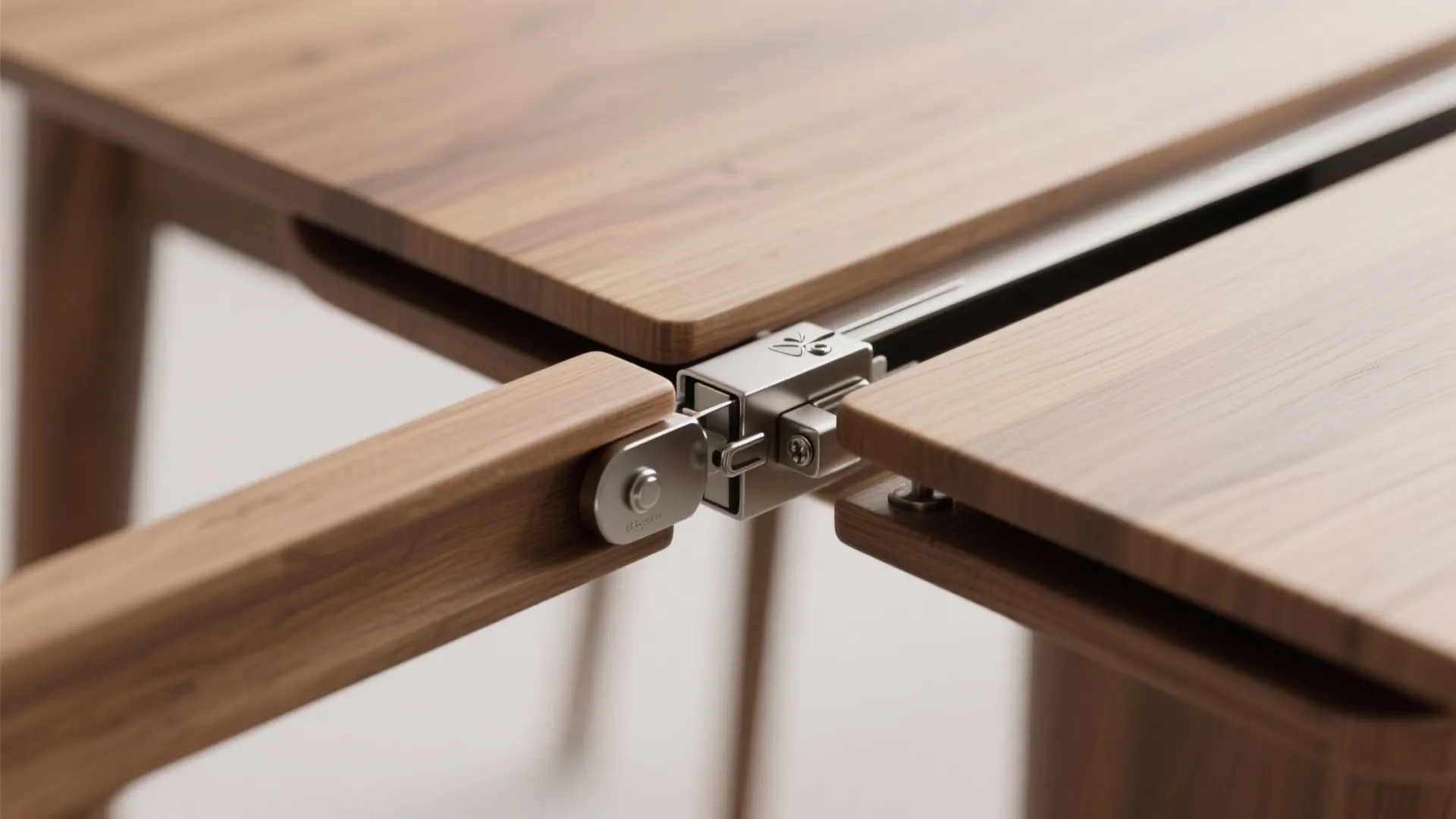 Close-up of a wooden dining table metal hinge mechanism showing how the folding leaf works