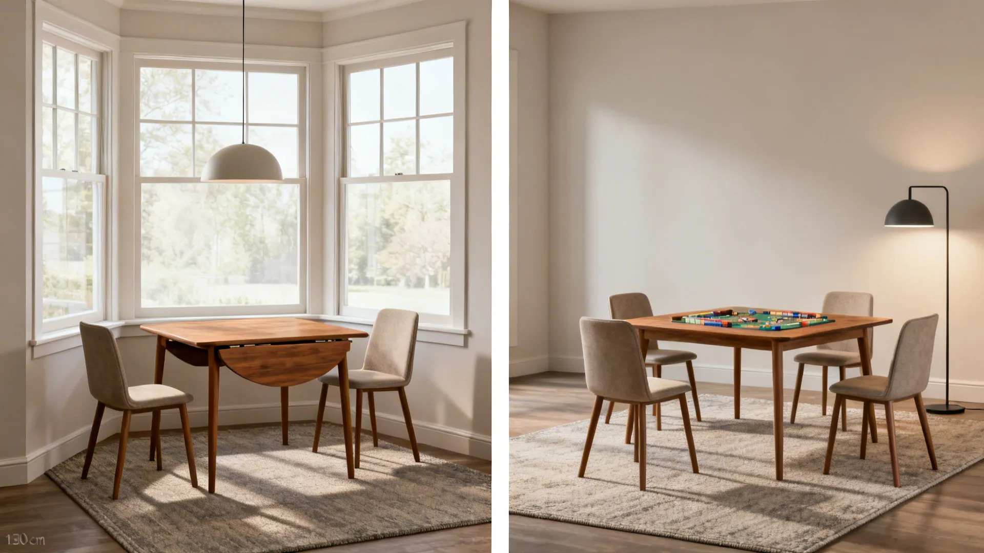 Compact table in a bay-window nook shown closed for two and extended for four.