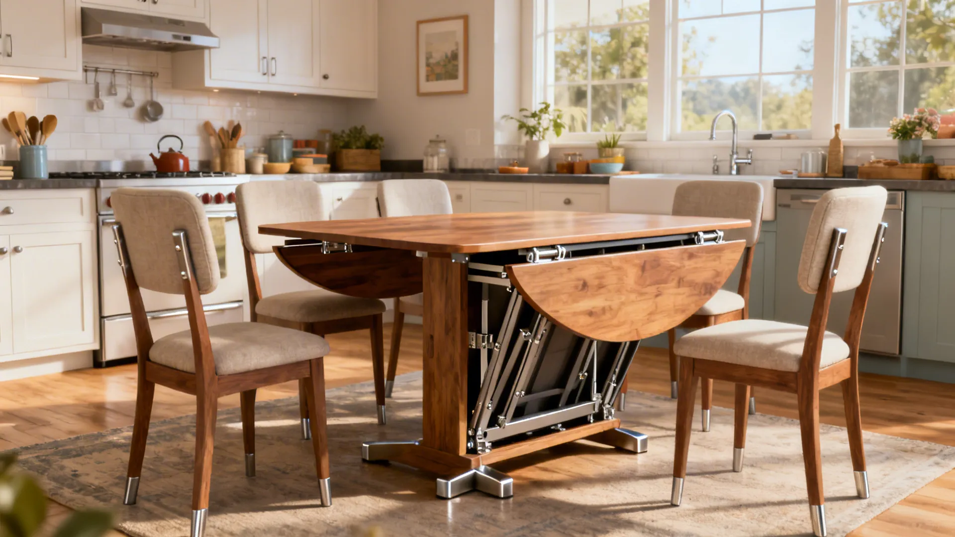 Kitchen with a butterfly leaf table partially extended, showing folding mechanism and seating