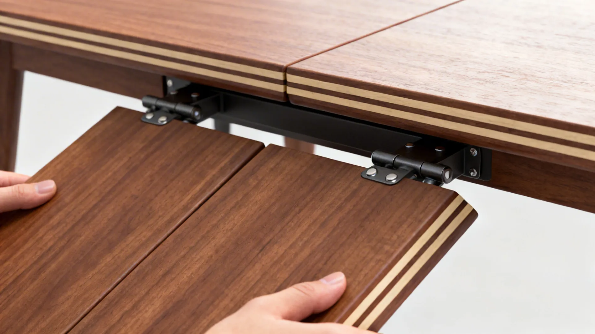 Close-up of a butterfly leaf mechanism folding under a solid-wood tabletop, showing hinges and wood grain.