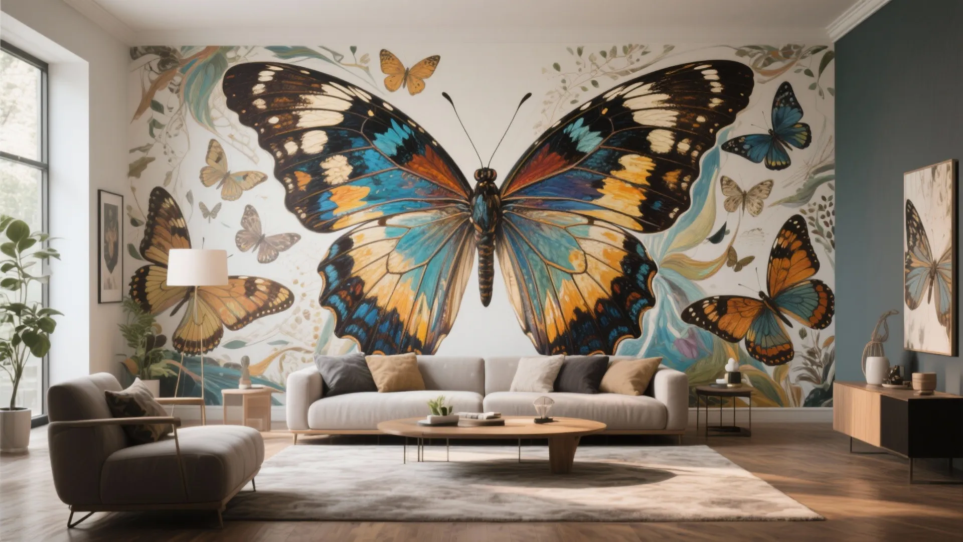 Modern living room with a large butterfly wall painting behind a grey sofa and wooden table